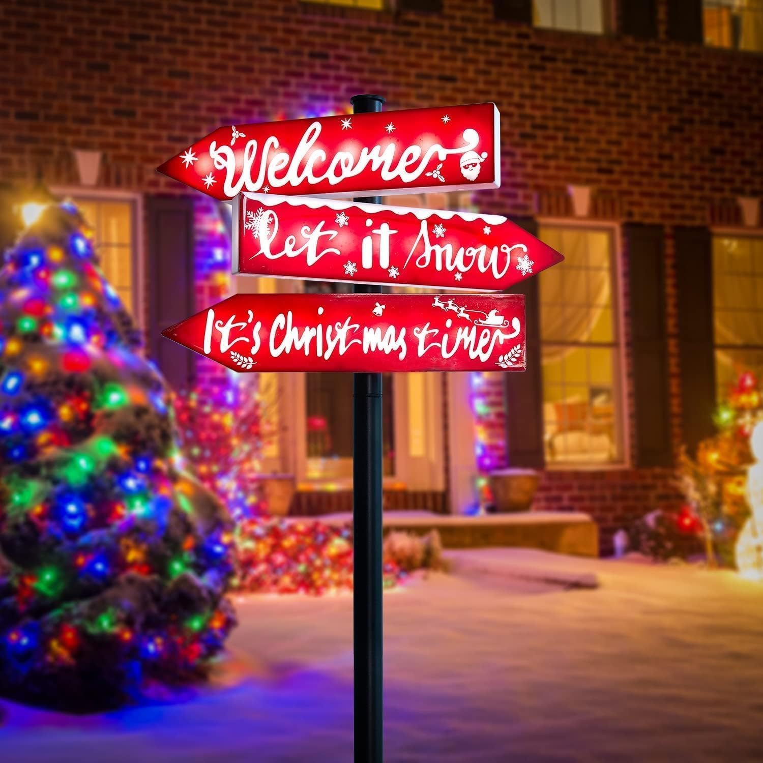 Solar Christmas Decoration Sign Lights,Waterproof 39"Large Xmas Yard Sign Solar Pathway Light with 24 LED Lights,Outdoor Welcome Christmas Time Light Up for Front Door Lawn Patio Garden Decor