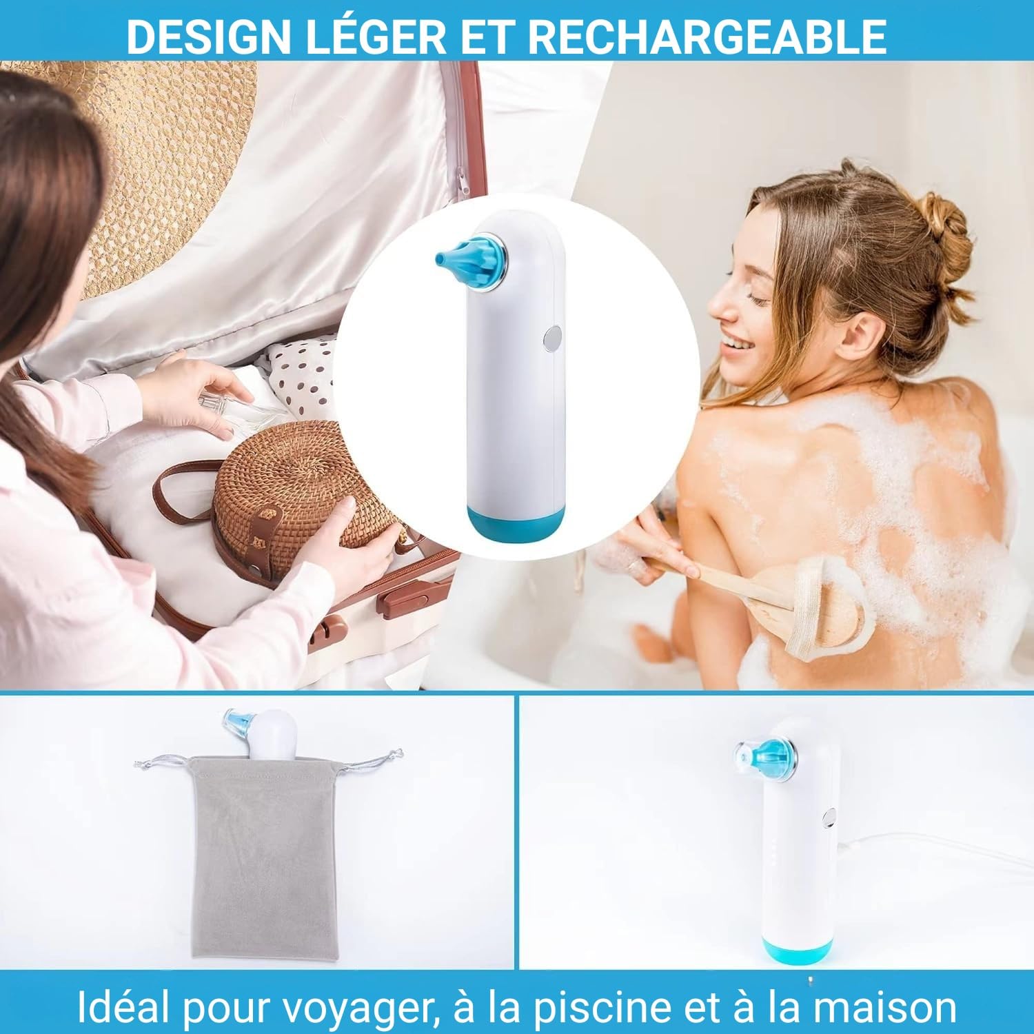 Tilcare Sèche-Oreilles Électrique Rechargeable pour Natation, Douche et Aides Auditives avec 3 Embouts et Pochette