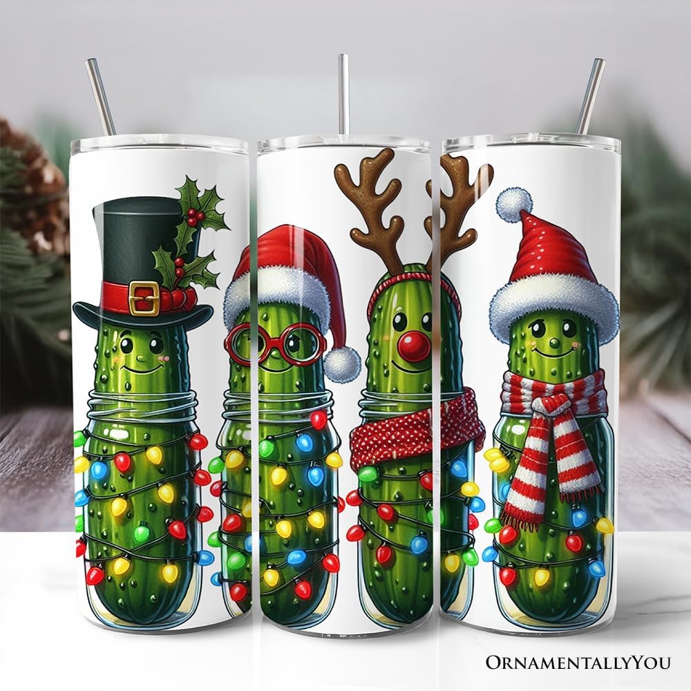 OrnamentallyYou Christmas Pickles 20oz Non-Personalized Stainless Steel Tumbler with Lid and Stainless Steel Straw, Festive Holiday Cucumber Gift Cup image 3