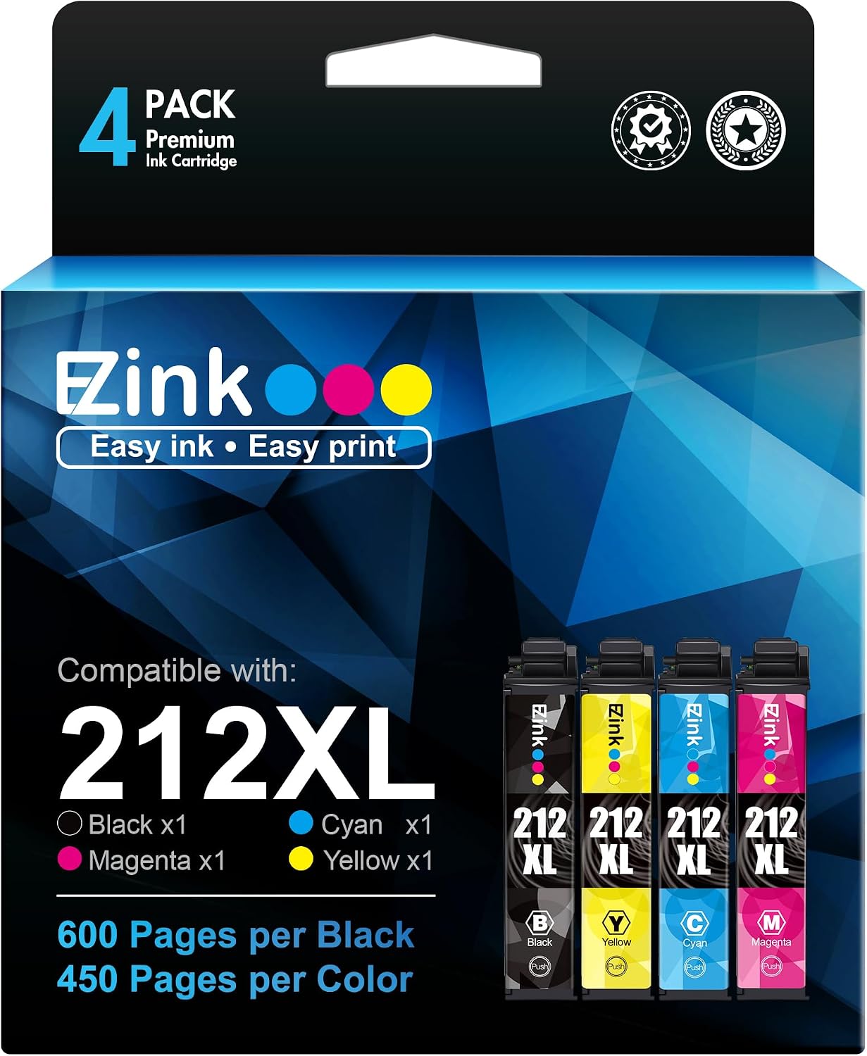 E-Z Ink (TM Remanufactured Ink Cartridge Replacement for Epson 212XL T212XL 212 XL T212 to use with XP-4100 XP-4105 WF-2830 WF-2850 Printer (1 Black, 1 Cyan, 1 Magenta, 1 Yellow, 4 Pack)