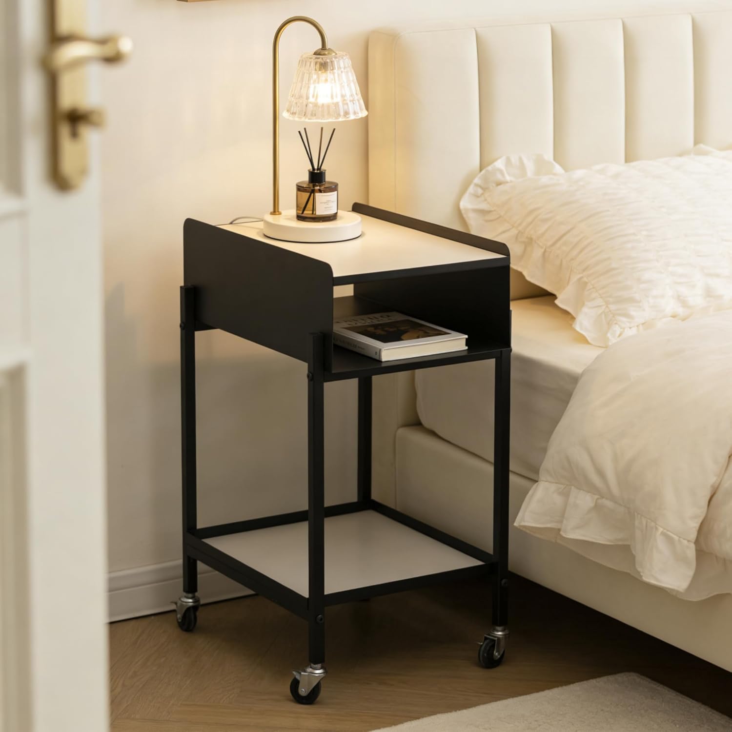 Bedside Table with Wheels Rolling Nightstand 3-Tier Sofa Side Table Modern End Table for Small Space Bedroom Office Living Room Marble Top and Open Shelf Easy Assembly (Black)