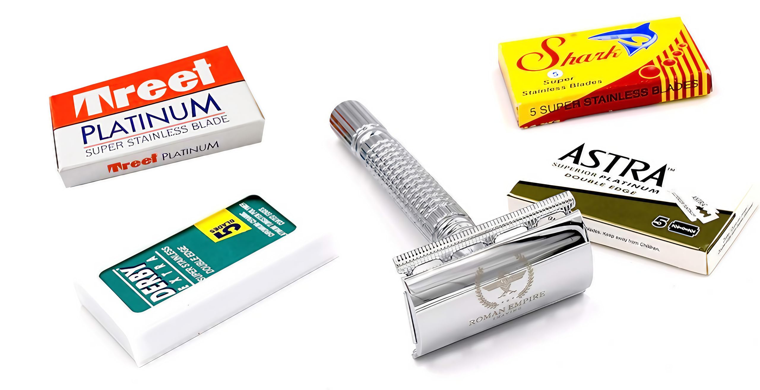 Razor bezpieczeństwa z podwójnym drutem Augustus przez Roman Empire Shaving | Klasyczna maszynka do golenia | Safety Razor | Stalowa maszynka do golenia z zestawem 20 ostrzy do golenia z zestawem 20 ostrzy (Astra-Derby-Shark-Voskhod)