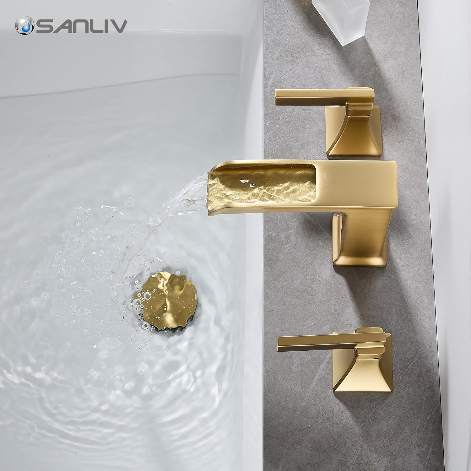 Brushed Gold Bathroom Sink Faucet, 8-Inch Widespread Bathroom Faucets for 3-Hole Sinks, 2-Handle Brass Waterfall Vanity Faucet with Drain Assembly, Champagne Bronze