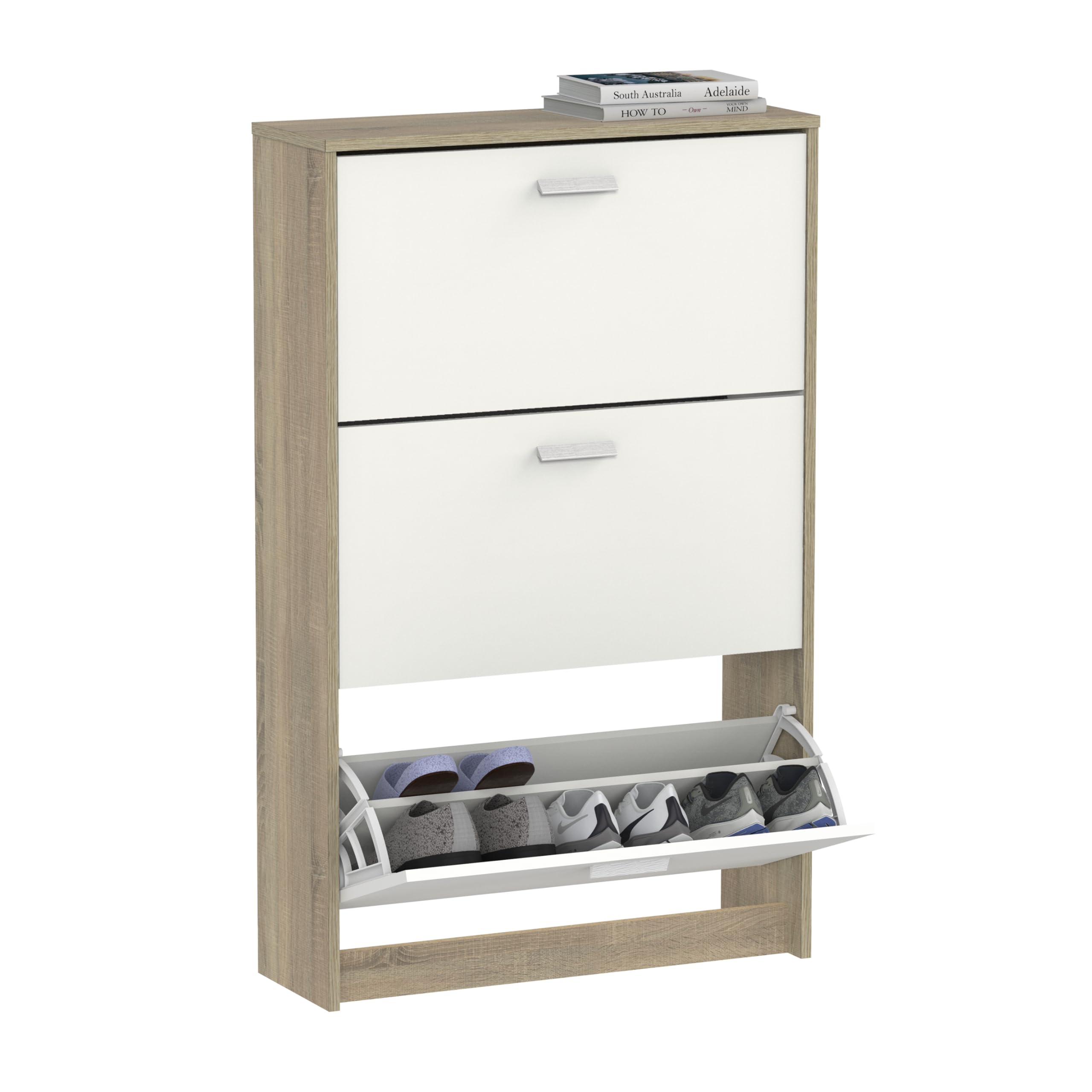 MUEBLES PITARCH | Zapatero Recibidor Mueble Auxiliar Estrecho 3 Puertas para Entrada Blanco y Roble Cambrian, 18 Pares de Zapatos, 82x74x25cm, Colección Tibet