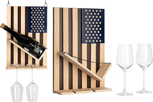 Miniatura 2 de The Wine Savant Estante para vinos montado en la pared con la bandera estadounidense, hermoso soporte para botellas y vino y 2 vasos patrióticos