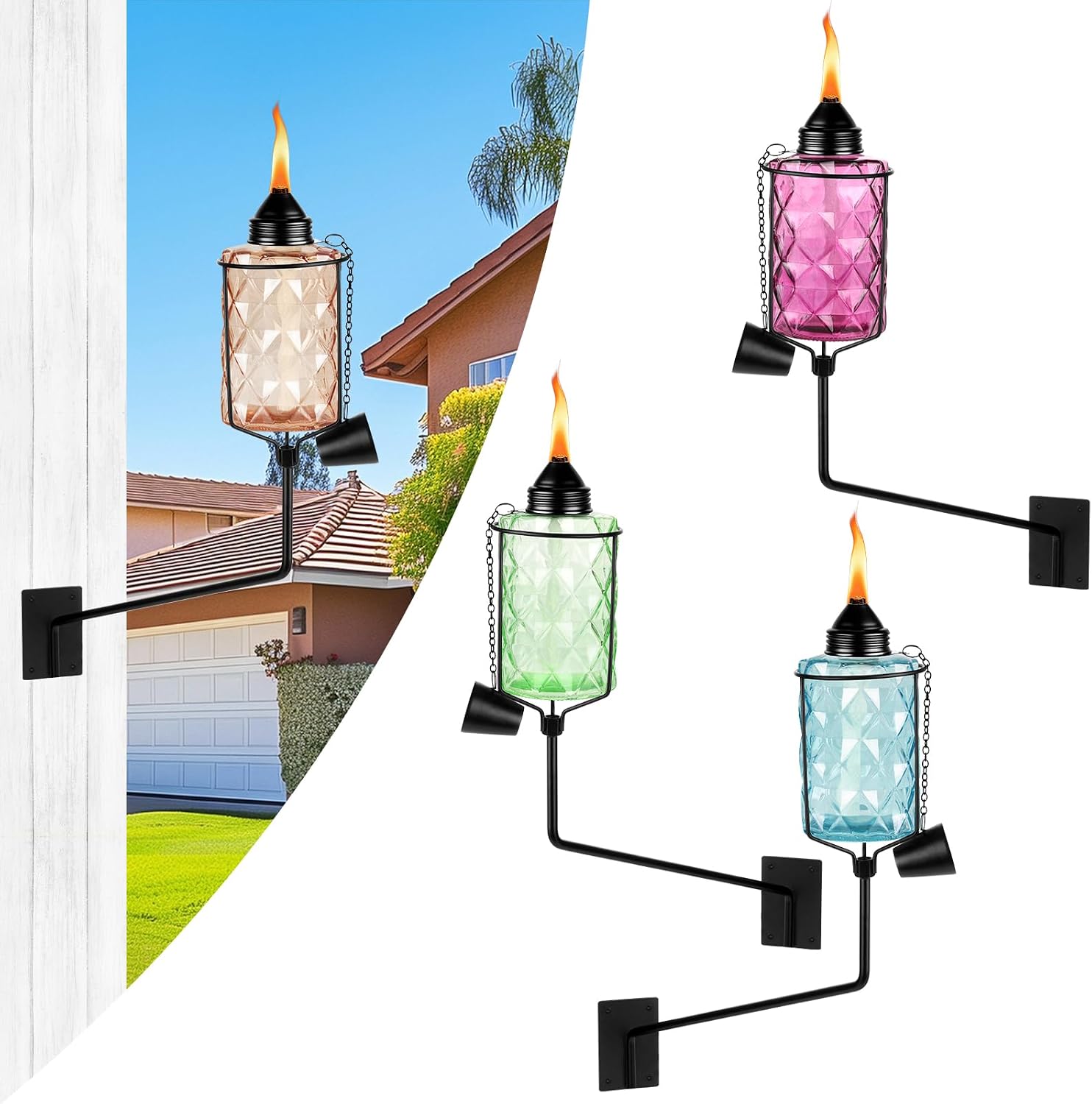 Glass Garden Torches for Outside,Outdoor Citronella Torch with Wall Mounted | Refillable Fuel Colorful Outdoor Torch Garden Decor Canisters 12 oz, Glass Light Torches for Party Patio Pathway