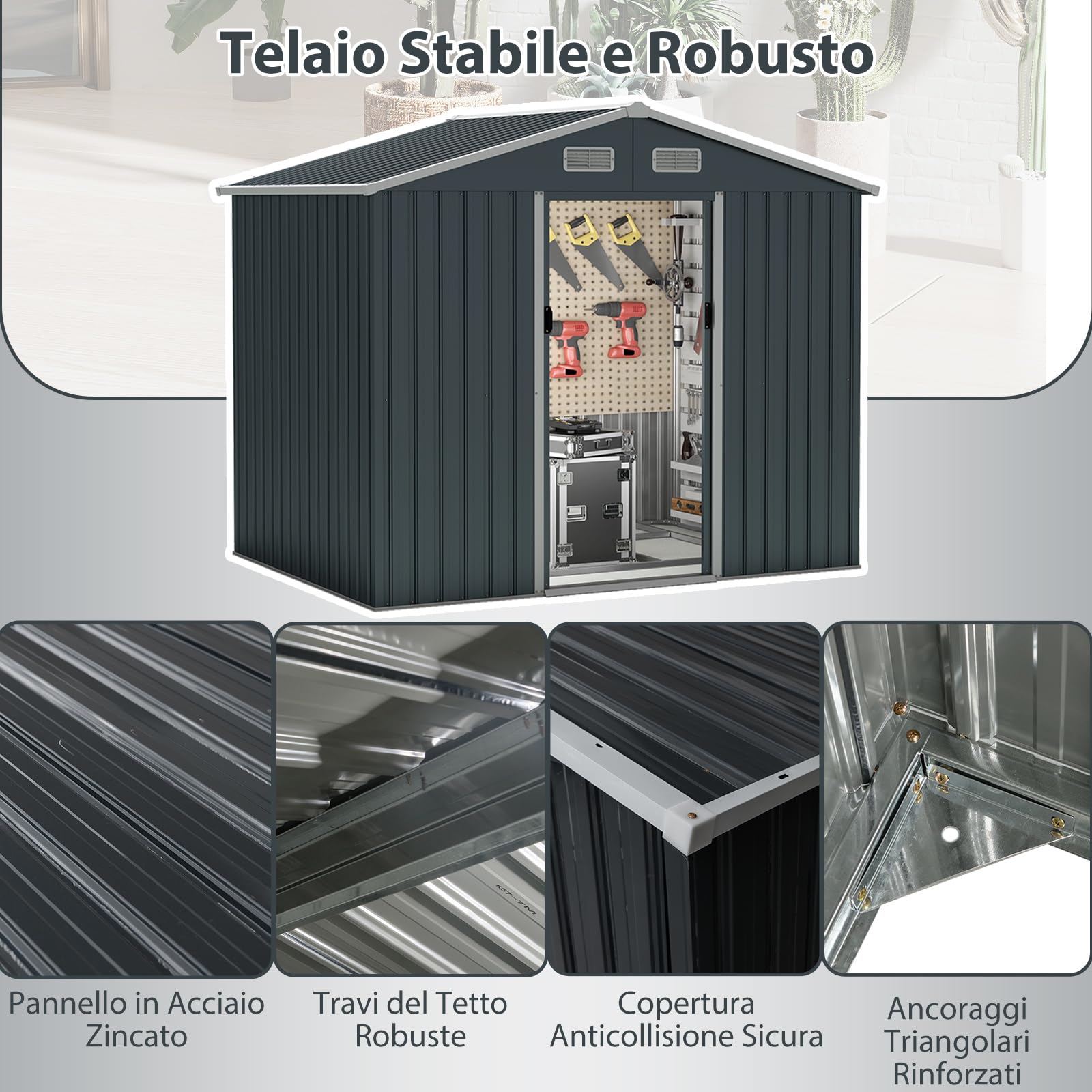 COSTWAY Casetta da Giardino 3,66㎡, Capanno da Esterno con Tetto Spiovente e Porte Scorrevoli, 4 Prese d'Aria e Base, in Metallo Zincato Resistente alle Intemperie, 235 x 171 x 196 cm