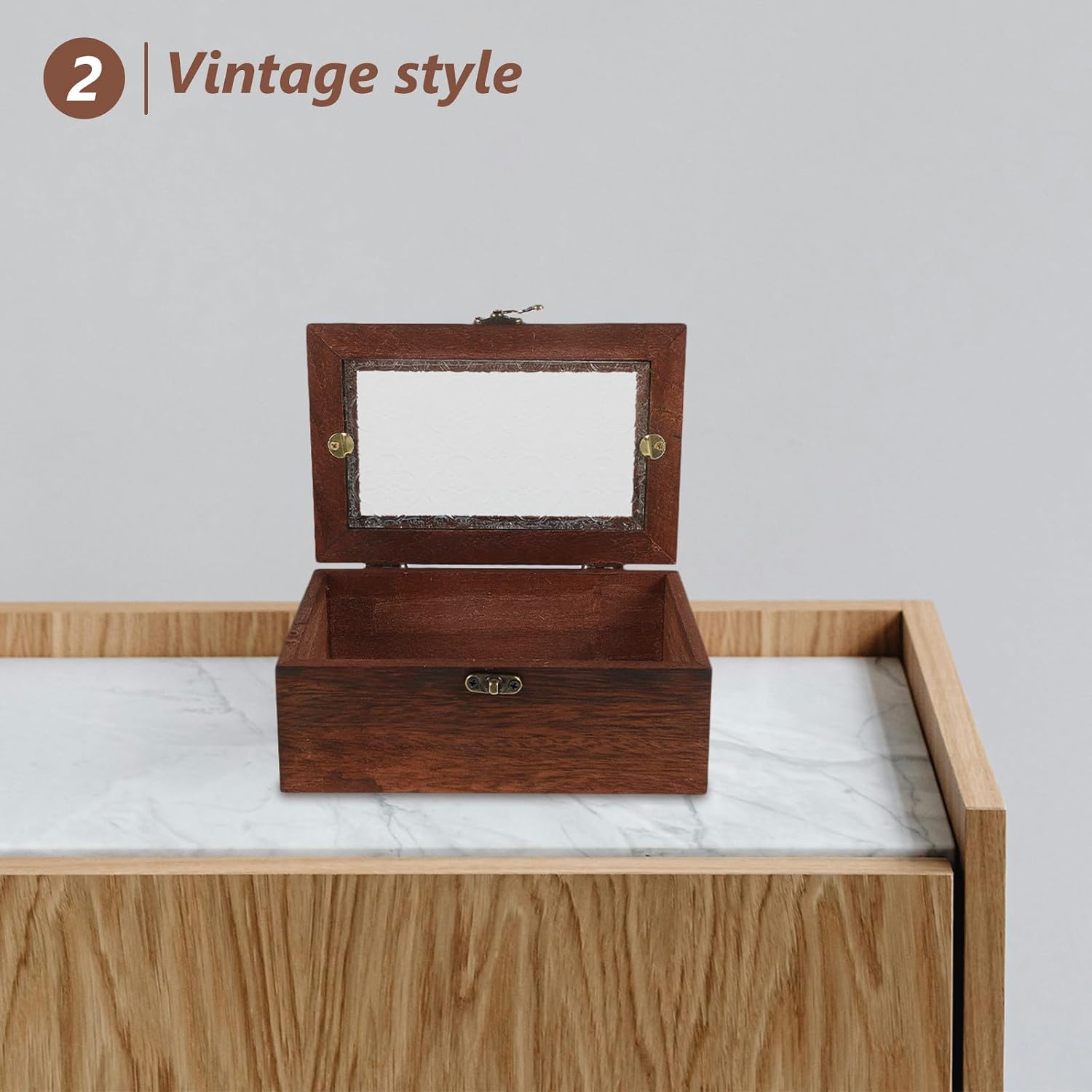 Vintage Wood Glass Jewelry Box Xmas Decorative Collectibles Storage Case | Rectangular Begonia Flower Pattern, Natural Aesthetic Appeal, Home Organization, Shop Countertop Display image 5