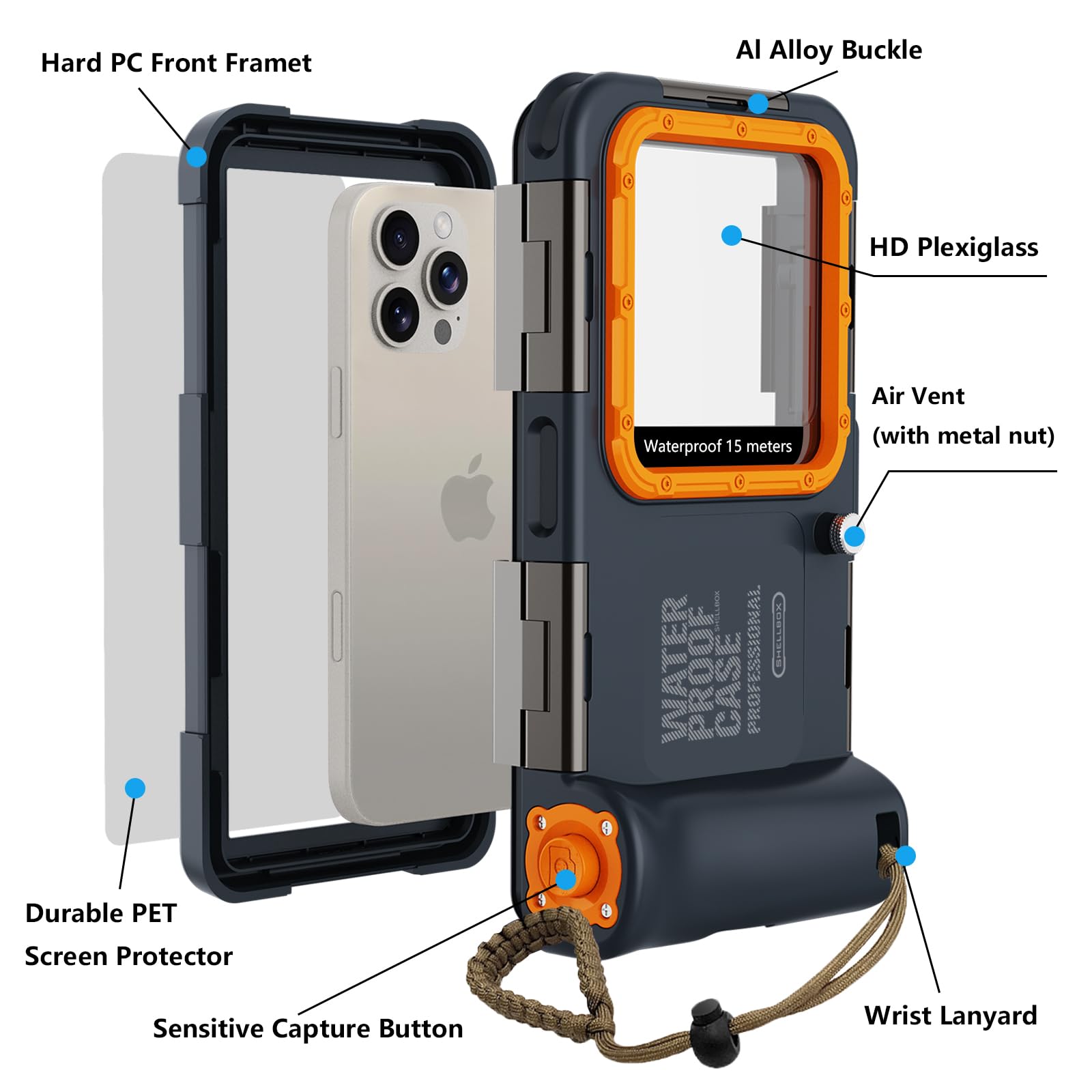ShellBox Case Funda impermeable subacuática para iPhone 16/15/14/13/12/11/Pro Max/Pro/Plus/LG G8X Series (botón de volumen a la izquierda), [50 pies/15 m] fundas de buceo profesional, azul y naranja
