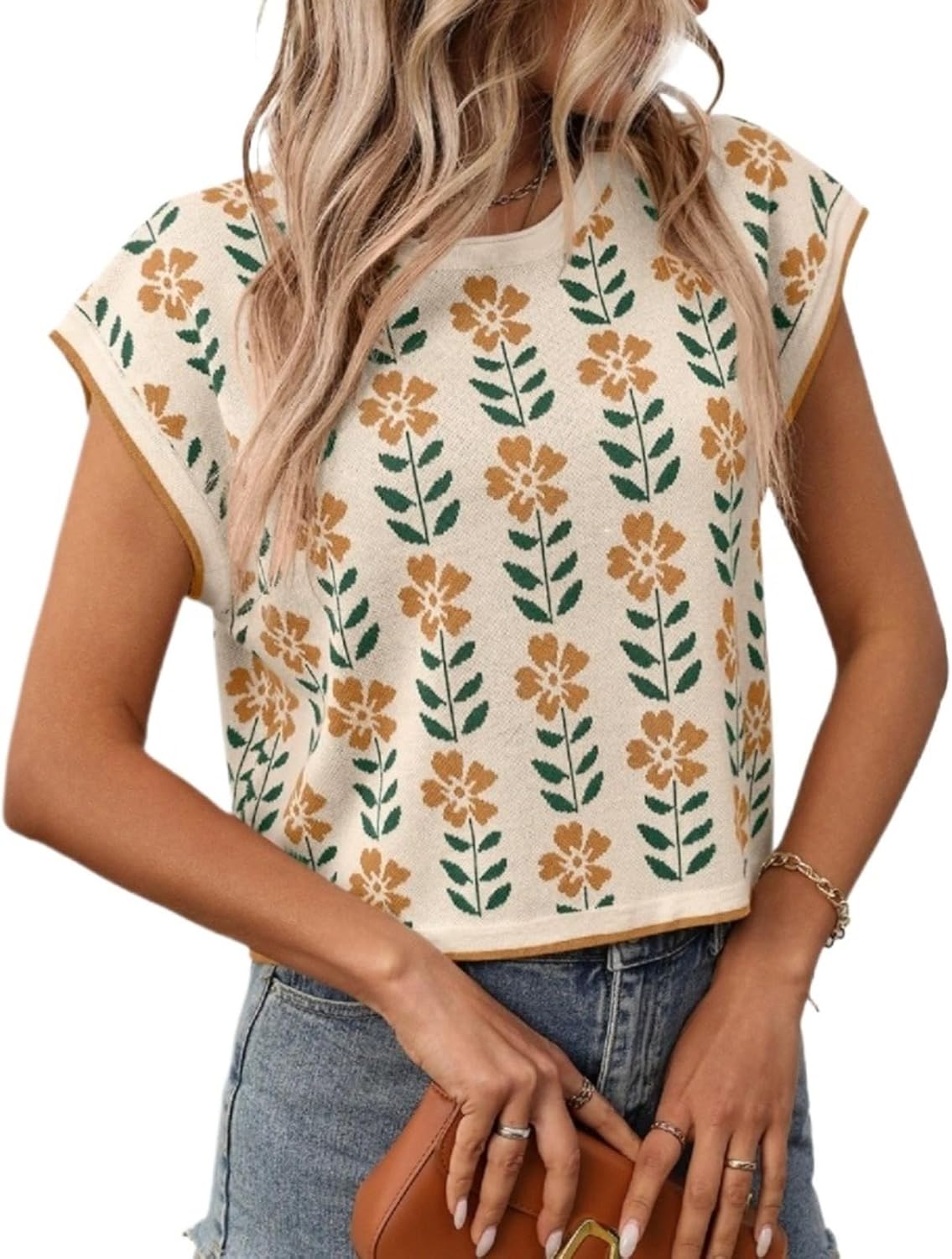 Womens Spring Trendy Crop Tops Crew Neck Cap Sleeve Cute Flower Knit Sweater Summer Trendy Vacation Pullover Tops