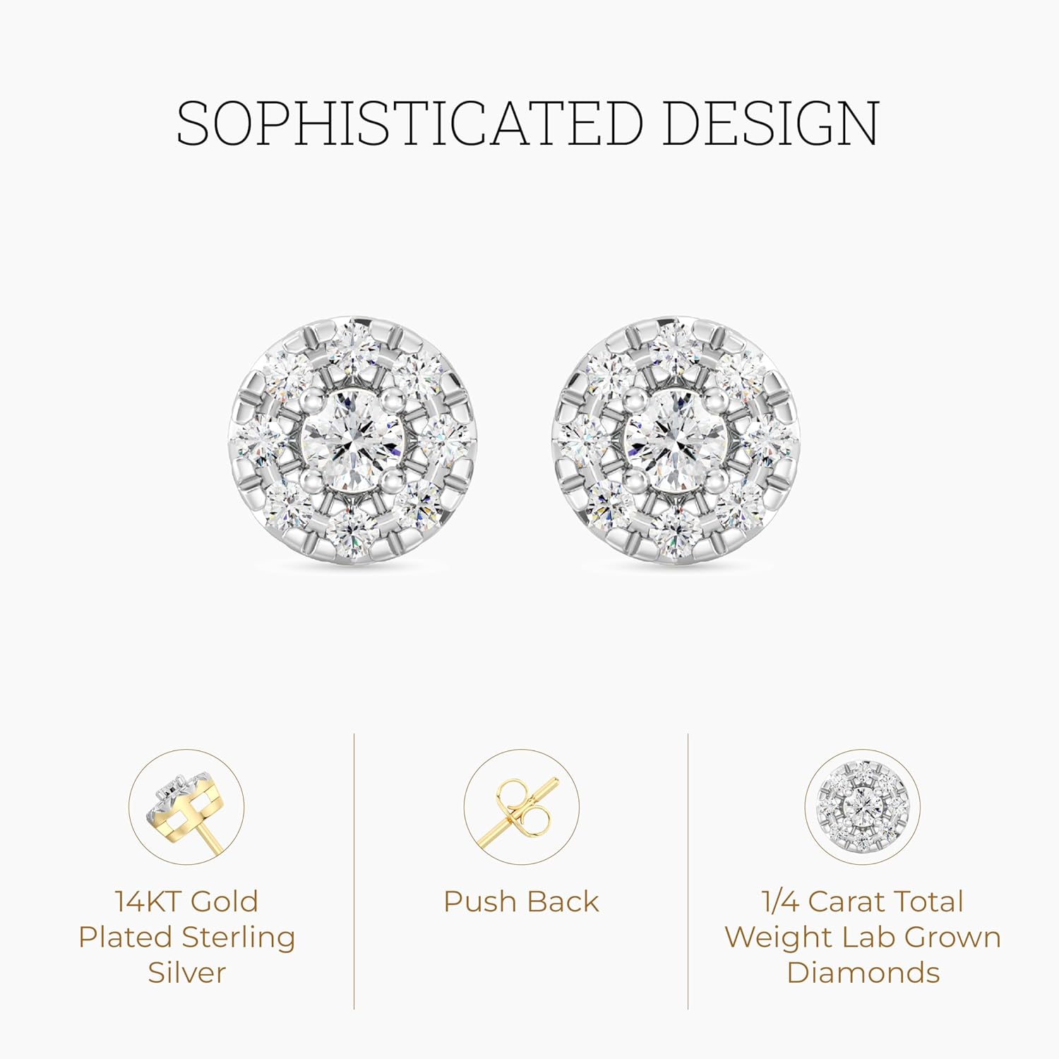Gilded Lab-Grown Diamond Sterling Silver and 14KT Yellow Gold Plated Silver Stud Earrings for Women | Round Halo Shaped Studs | Hypoallergenic Fine Jewelry | Prong Setting, Push Back Nut | SI1 Clarity, F Color 1/4, 1/2, 3/4, 1 Carat Total Weight - Image 3