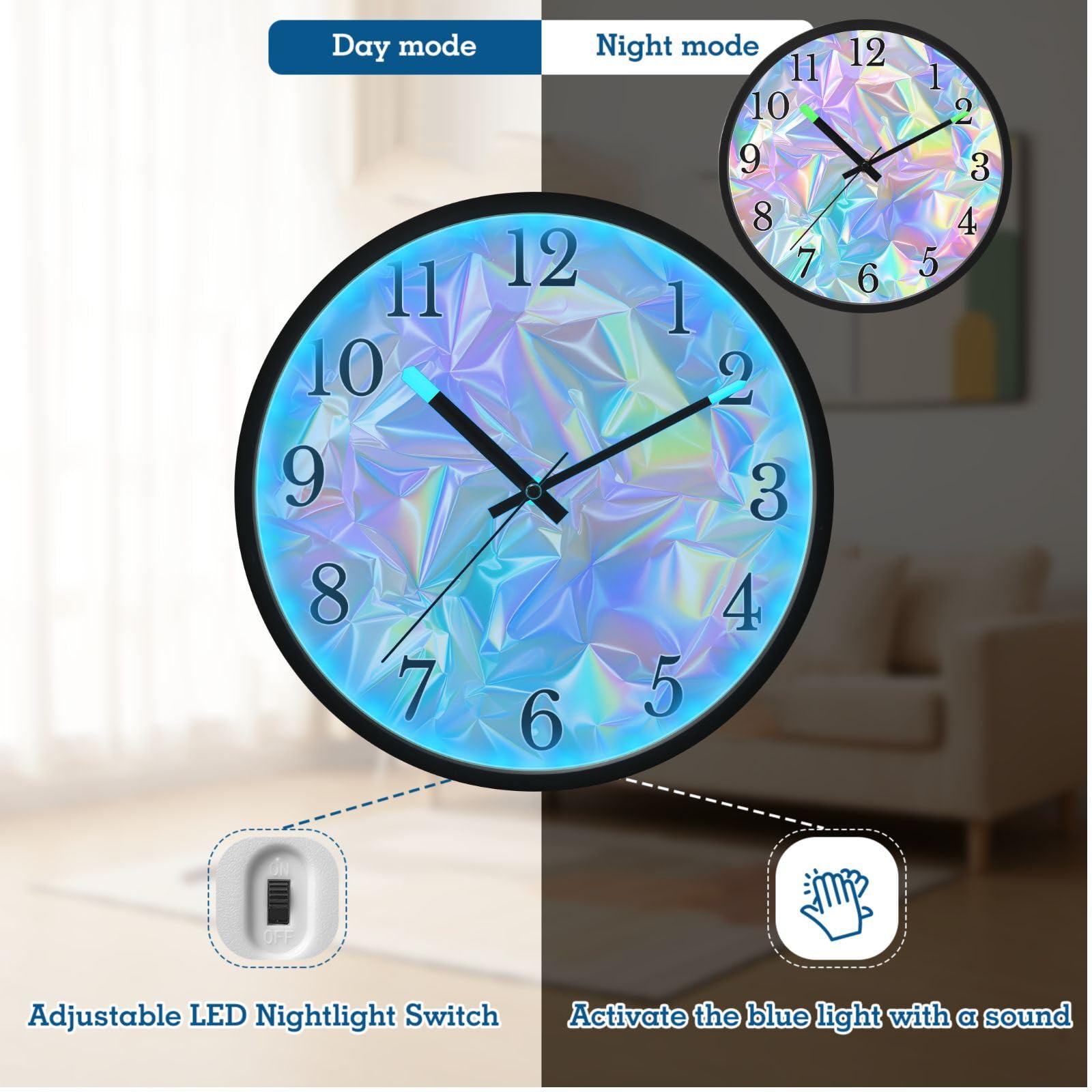 Mnsruu Reloj de pared luminoso holográfico arcoíris neón reloj de pared que brilla en la oscuridad, funciona con pilas, reloj de luz nocturna silencioso sin tictac para dormitorio