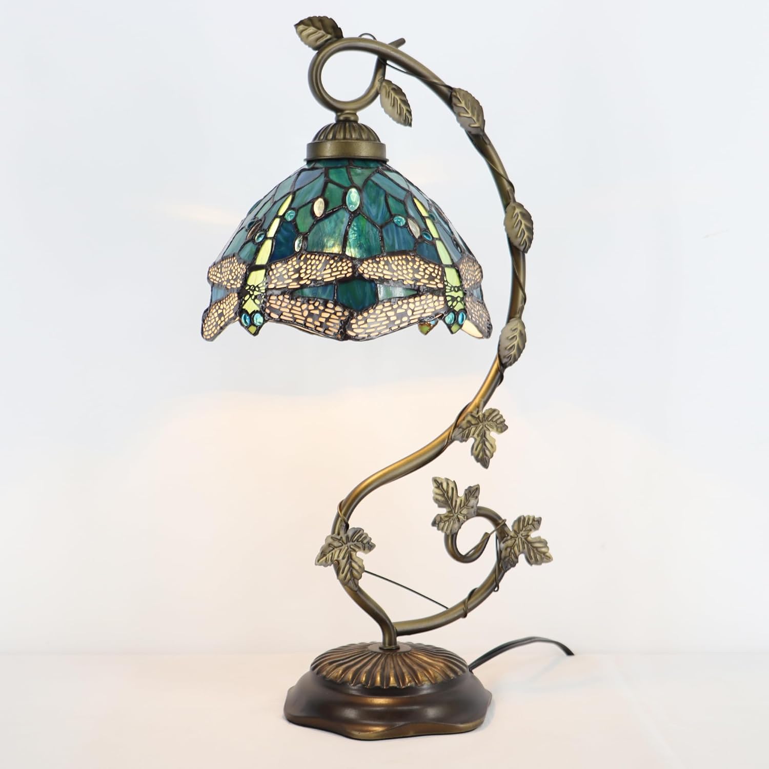 Tiffany Table Lamp, Stained Glass Desk Light, 8X10X21 Inches, Metal Leaf Base (Sea Blue Dragonfly Style)