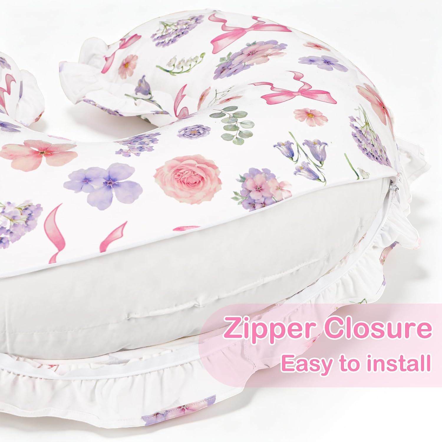 Pea Pod Nursing Pillow Cover, Removable Stretchy Ruffled Pillowcase for Breastfeeding Pillows, Ultra Soft Breathable Pillow Slipcover for Baby Girls and Boys, Compatible with Boppy Pillow, Floral Bows