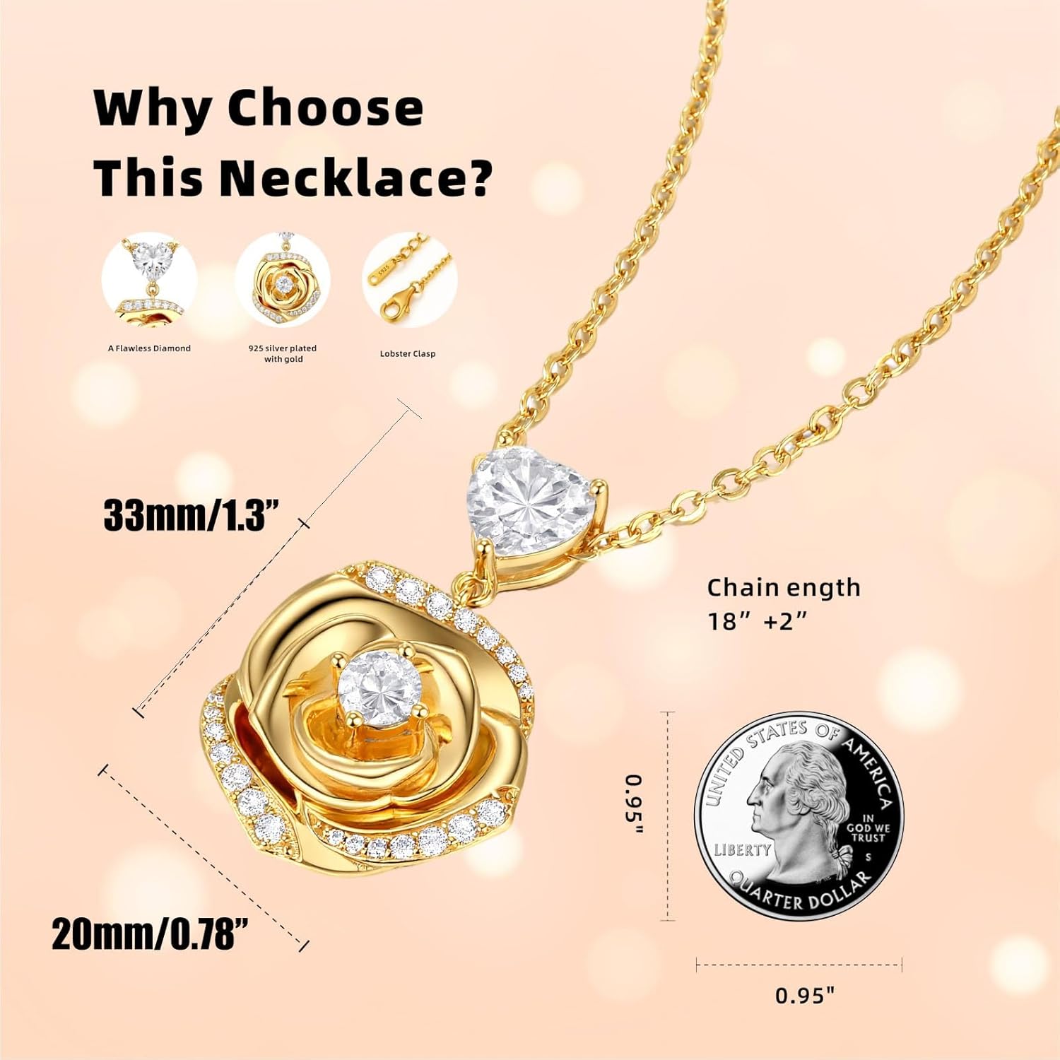 18K Gold Plated Over Sterling Silver Rose Flower Necklace for Women- Adjustable Chain with rose pendant, Ideal Jewelry gift for her, Girlfriend, Wife, Mom on Birthday, Anniversary - Image 6