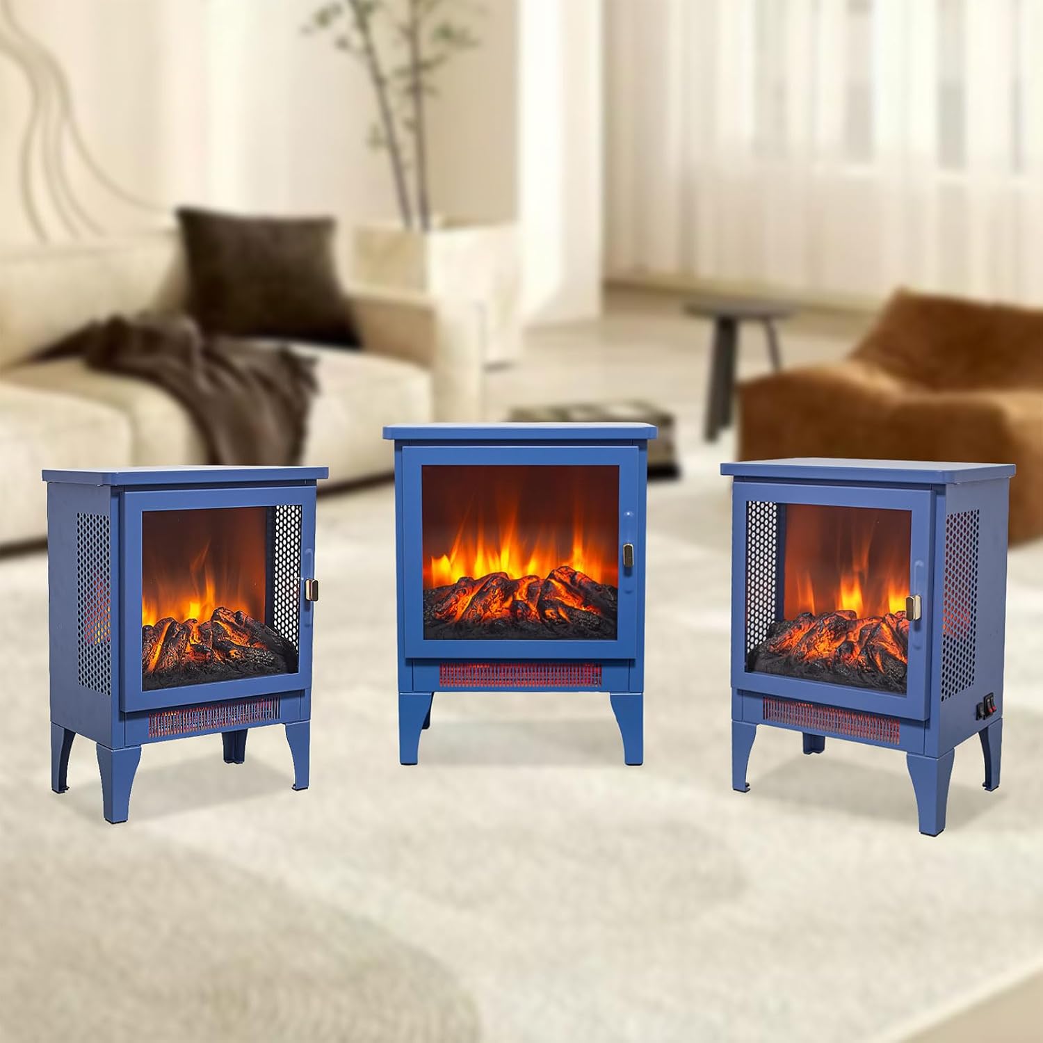 IKERY Dual Power 700W/1400W Electric Fireplace - 3-Sided Panoramic Flame, Long-Lasting LED & Energy-Saving