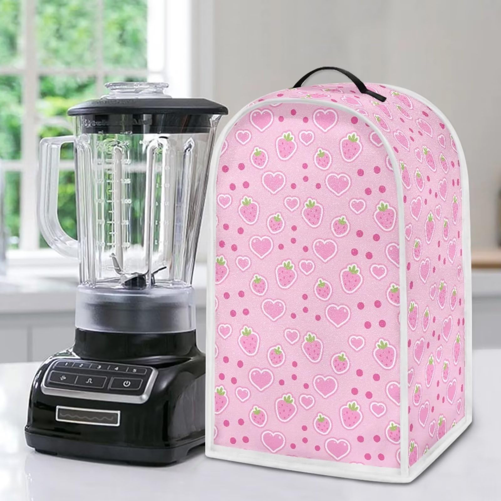Poceacles Pink Strawberry Print Polyester Food Processor Cover Anti Fingerprint Polyester Dust Proof Home Kitchen Stain Resistant Blender Cover, Blender Dust Cover — image 1