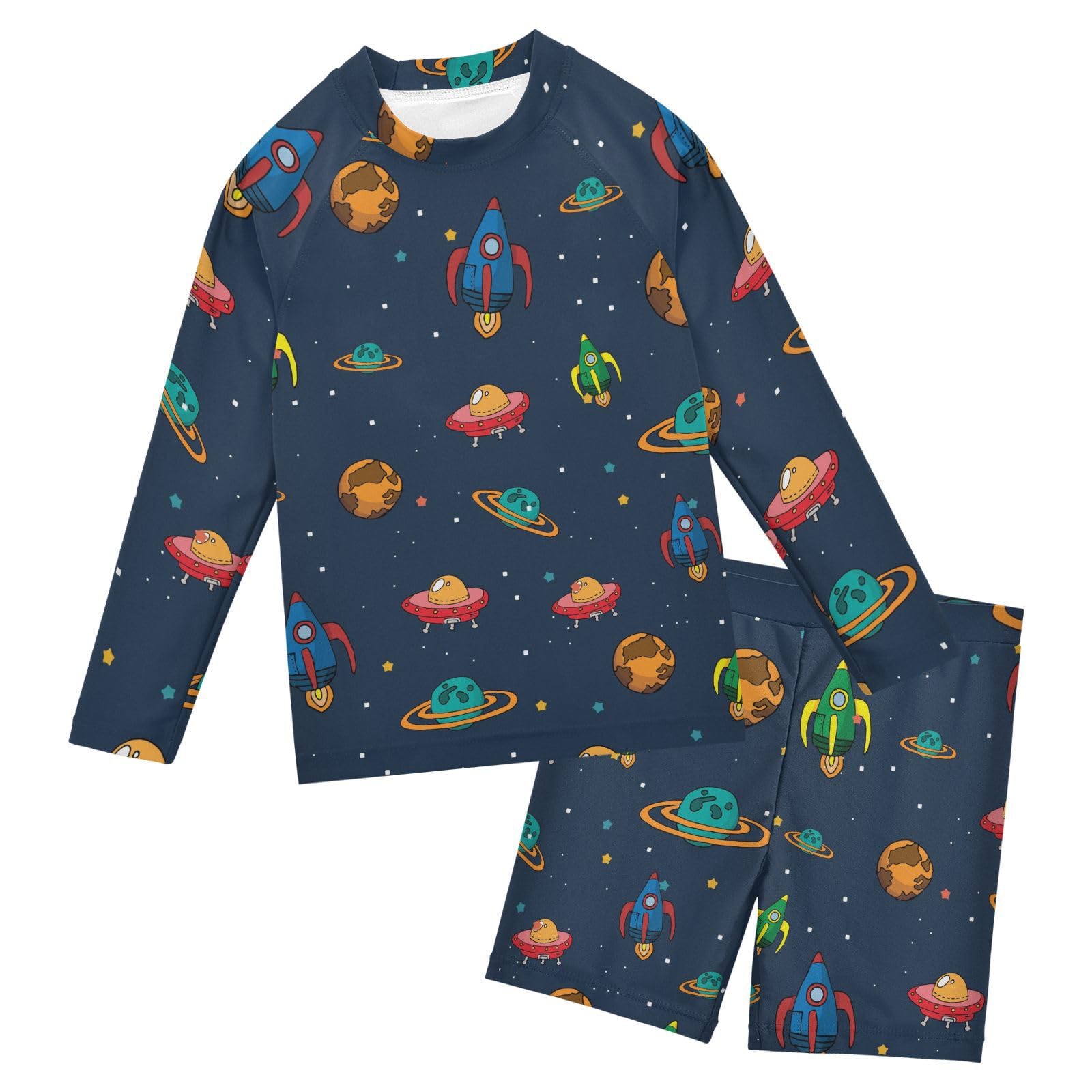 Aflyko Boys' Rash Guard Set Rocket Planet Kid Cartoon SPF 50+ Sun Protection Swimsuit Multicoloured