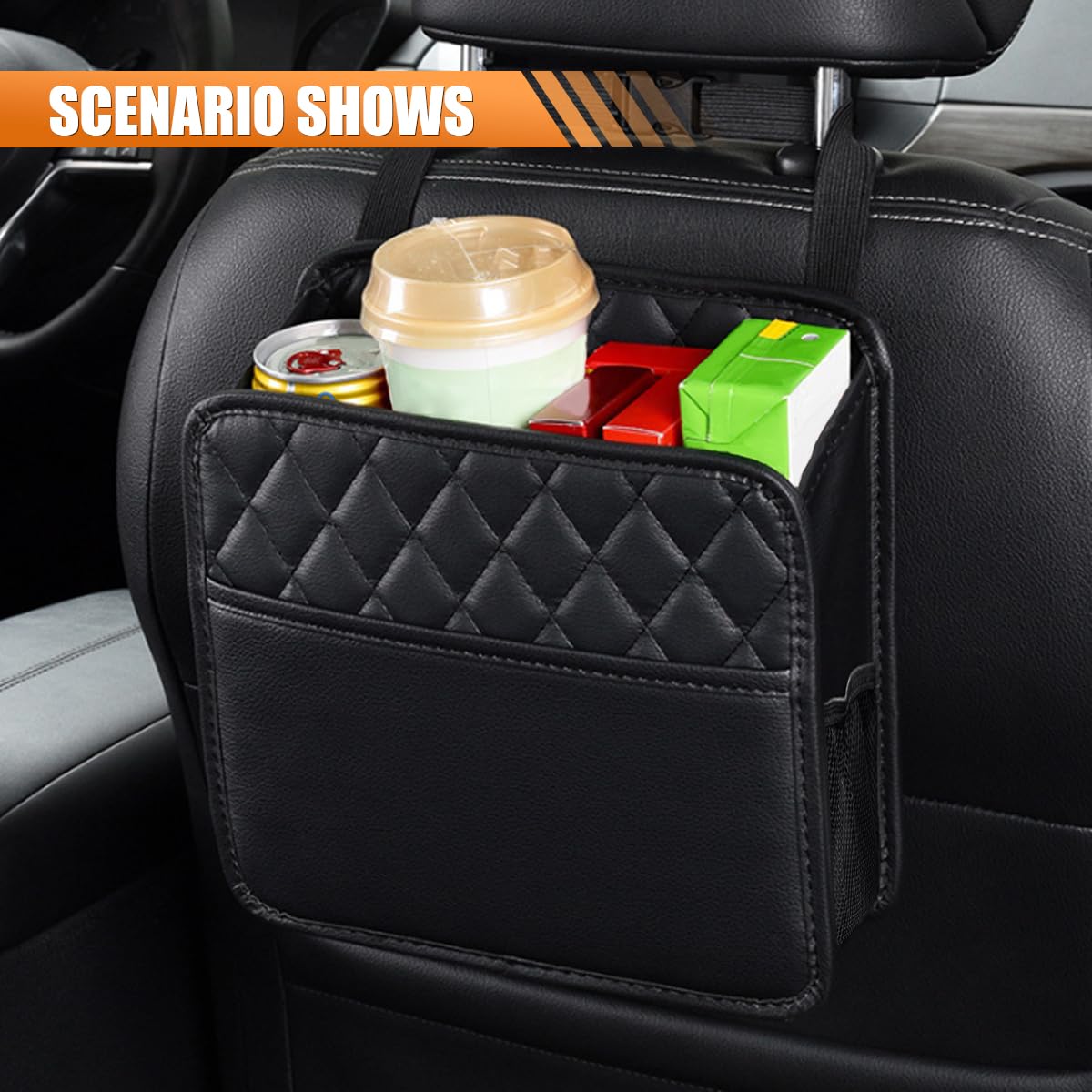 LAINLOY Organizador plegable para asiento trasero de coche, bolsa de almacenamiento para asiento trasero de coche de gran capacidad con portavasos, bolsa de basura impermeable de piel sintética,