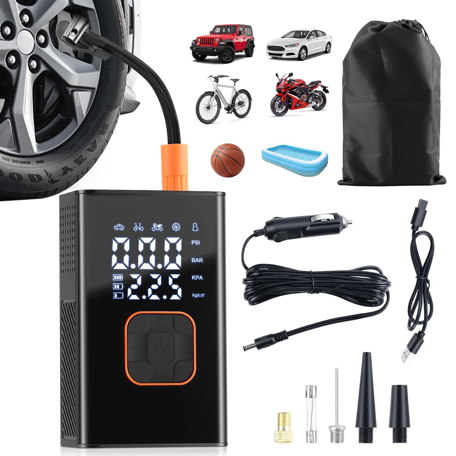 Gonfiatore per Pneumatici Portatile per Auto,Compressore d'Aria Portatile, Pompa per Aria Elettrica con Manometro Digitale, Gonfiatore Ricaricabile, Pompa per Pneumatici Auto Portatile