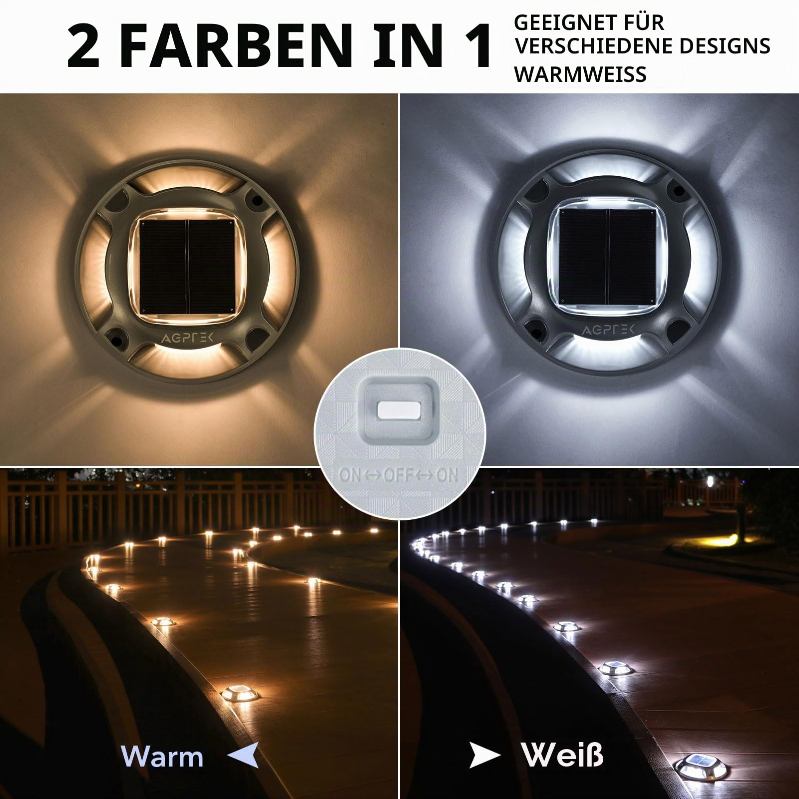 AGPTEK 8 Stück Solar Bodenleuchten Aussen 2 Farbmodi IP68 Wasserdicht | Solar Deck Lights Aluminium Boden Solarleuchten Solarlampen für Garten Deck Treppen Stufen, Warmweiß und Kaltweiß