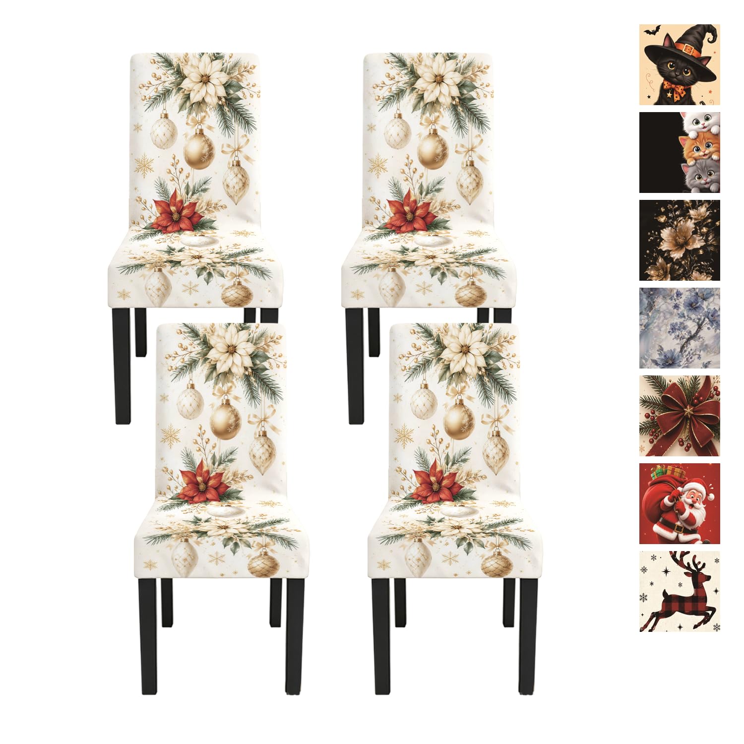 4 Pack Stretch Chair Covers, Christmas Poinsettia Ornament Slipcovers
