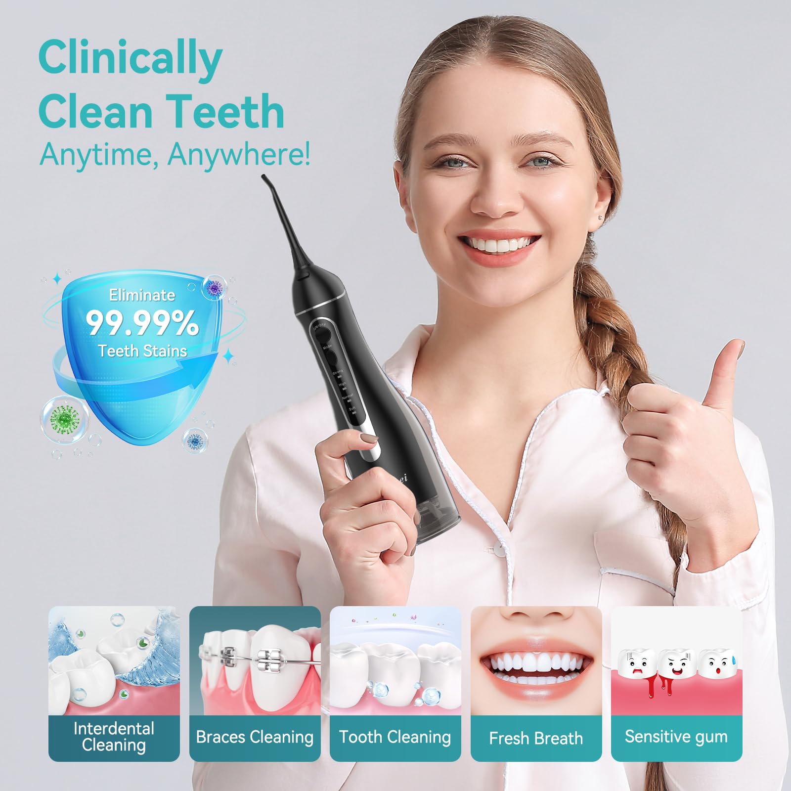 Water Dental Flossers for Teeth，300ML Cordless Portable Electric Water Flosser, 4 Modes Oral Irrigator, Waterproof Rechargeable Water Floss for Deep Cleaning,Plaque Remover,Braces Home Travel Use