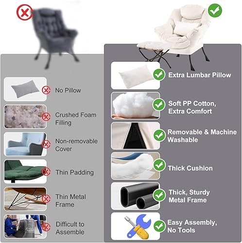 Miniatura 7 de Silla perezosa con otomana, silla decorativa moderna con almohada lumbar, sillas cómodas con reposapiés plegable para dormitorio, lectura, sillas de
