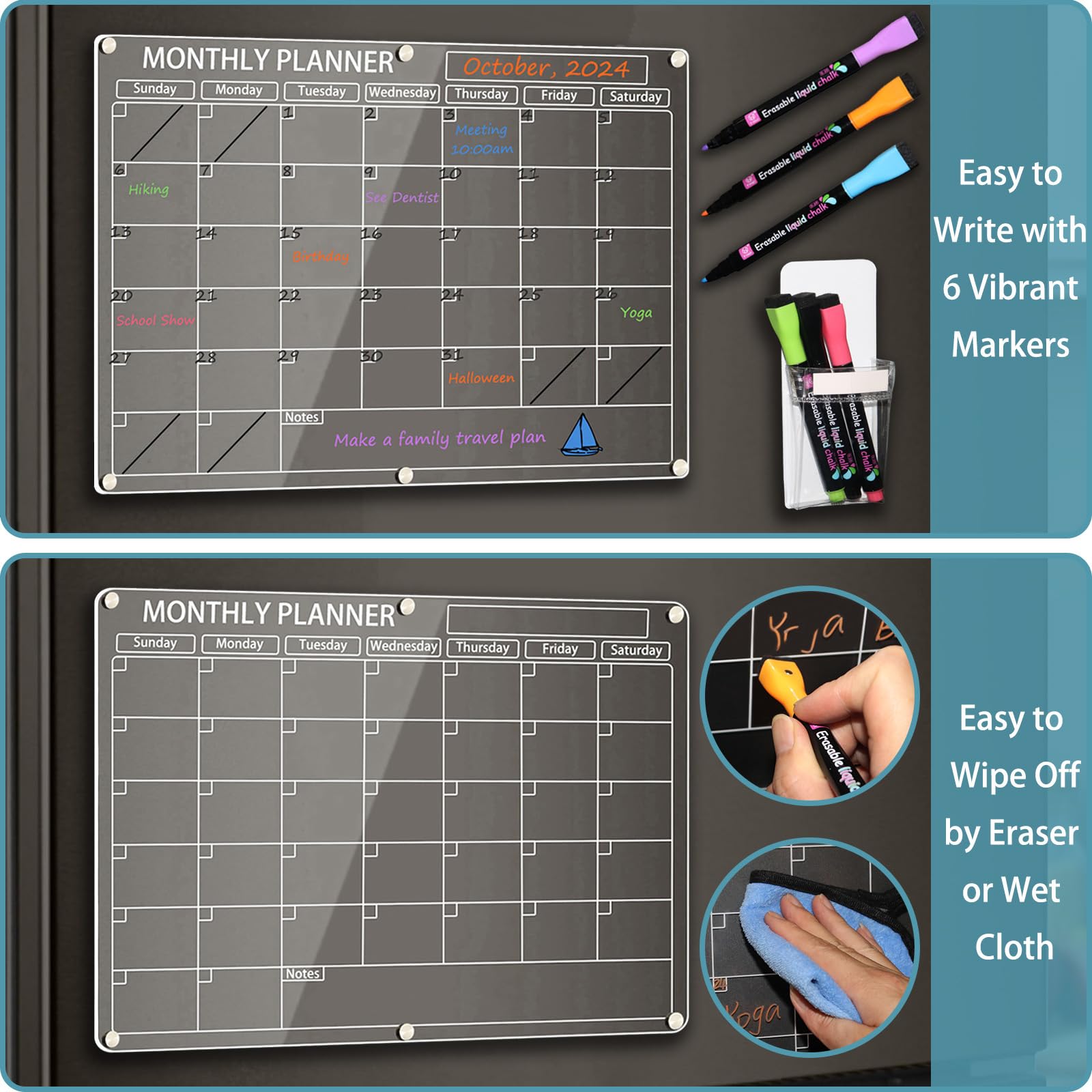 Acryl Magnetischer Kalender für Kühlschrank, 2 Stück, Transparenter Abwischbar Monats- und Wochenkalender Planungstafel für Kühlschrank, mit 6 Farbmarkern, Stifthalter und Handtuch