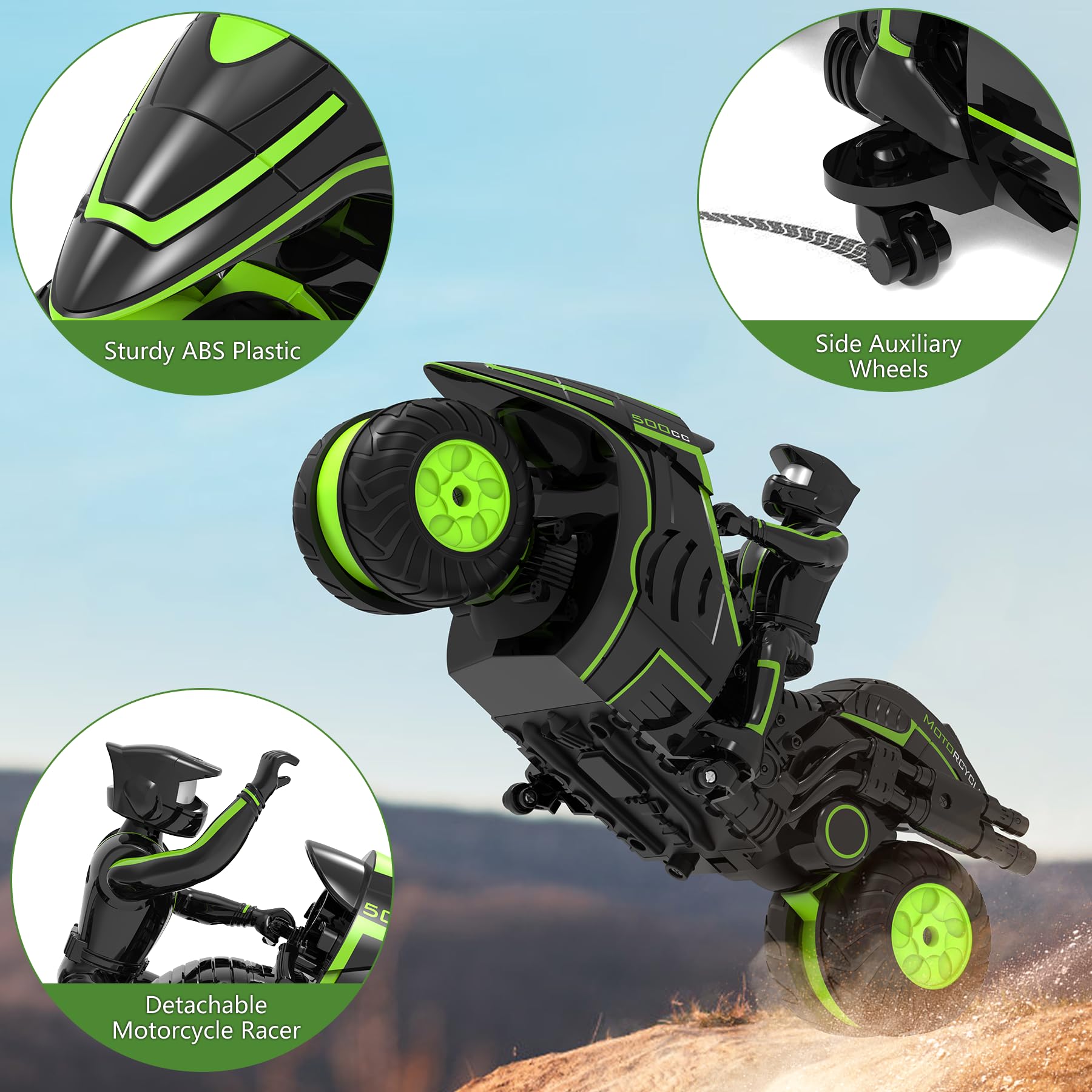 Motocicleta a control remoto, rueda giratoria de 360°, juguetes de motocross de acrobacias a control remoto, modelo de conducción de alta velocidad con batería recargable, motocicletas de 2