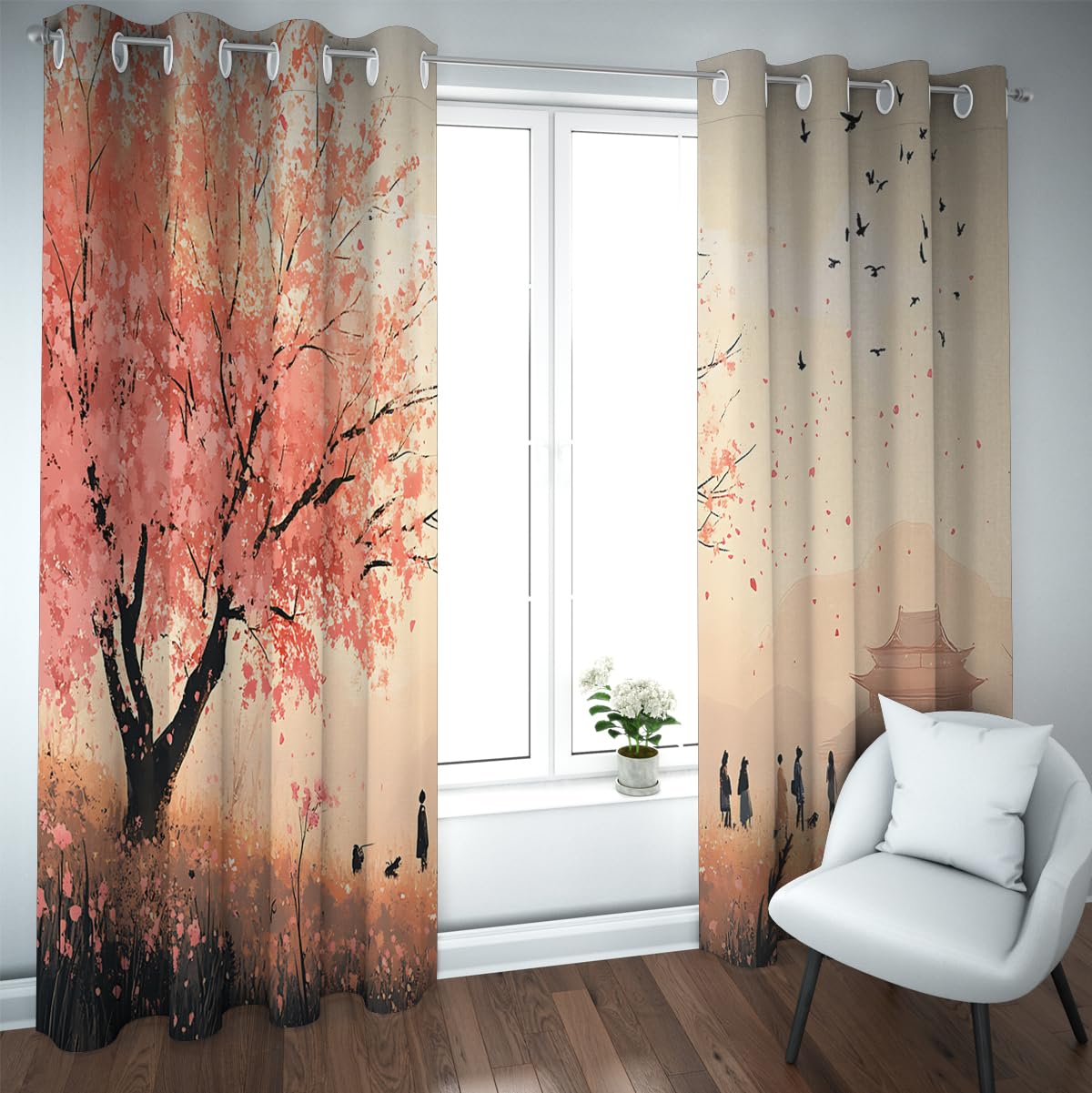 Rideaux fleurs roses japonaises occultants pour salon et chambre 132x160cm