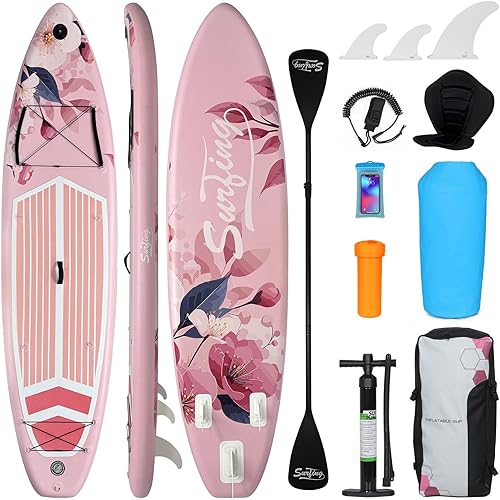 YUSING Inflatable Stand Up Paddle Board with Kayak Seat, Non-Slip Deck SUP Paddle Board with Premium Kayak, Portable Standing Boat for Youth & Adult