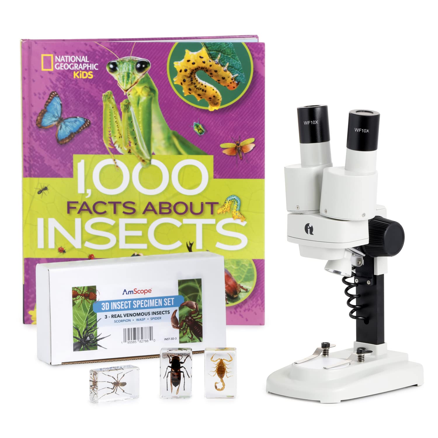 AmScope20X-40X Portable Stereo Microscope w/Deluxe 3D Insect Specimen Kits NAT Geo Insect Book and Optional Digital Camera