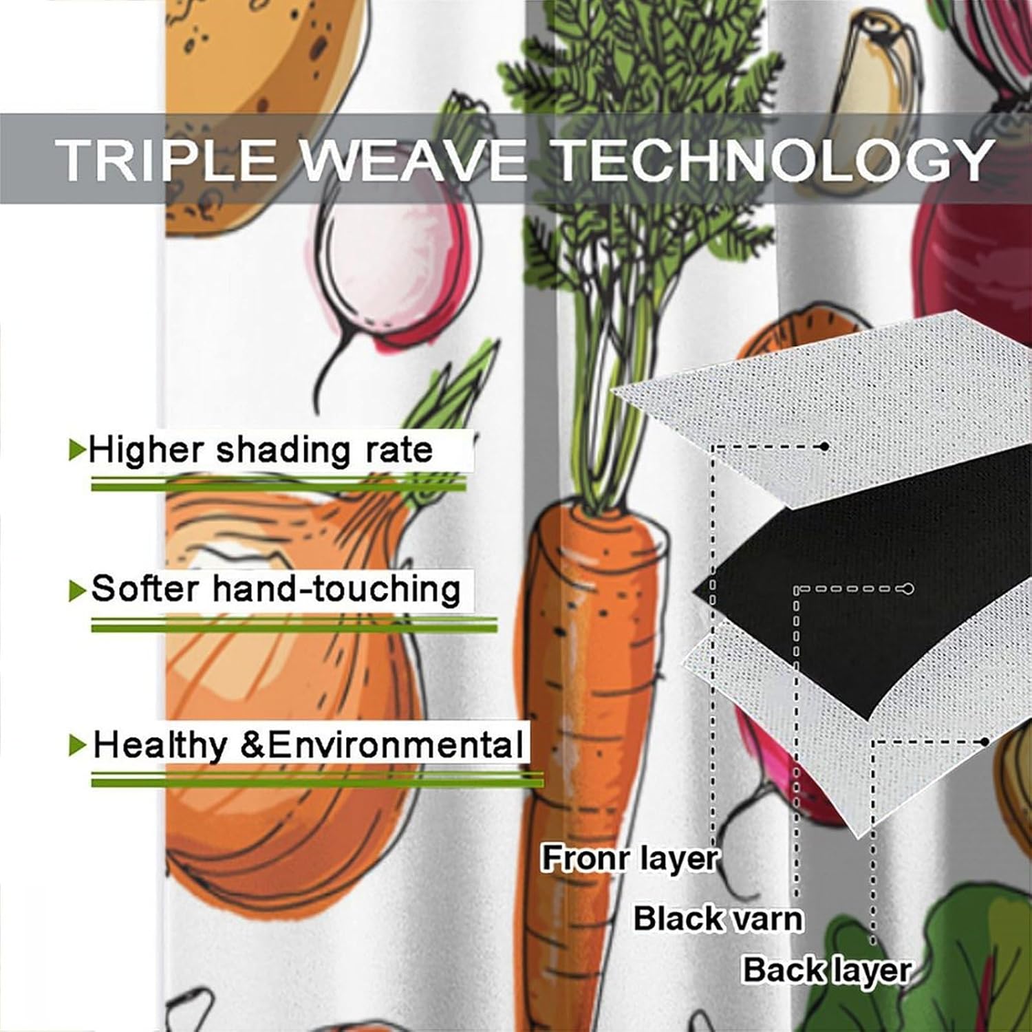 Vegetables Blackout Window Curtain, Continuous Pattern of Sketchy Painted Healthy Natural Tasty Food Illustration for Home Kitchen Restaurant Decoration Window Curtain 2Panel 42" W X 45" L