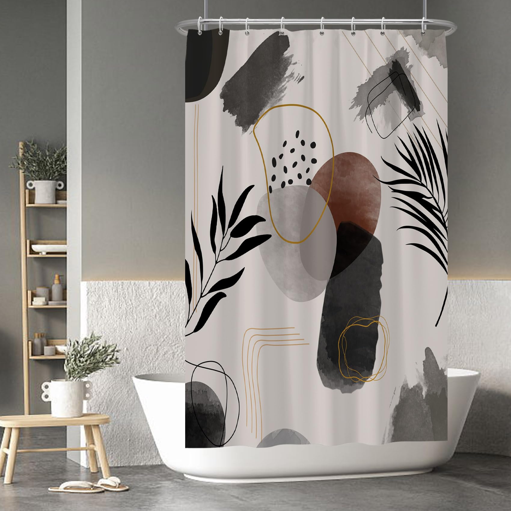 Baocicco Boho Shower Curtain Black Grey Plants Leaves Mid Century Modern Abstract Shower Curtains Decorative for Bathroom Waterproof Fabric Shower