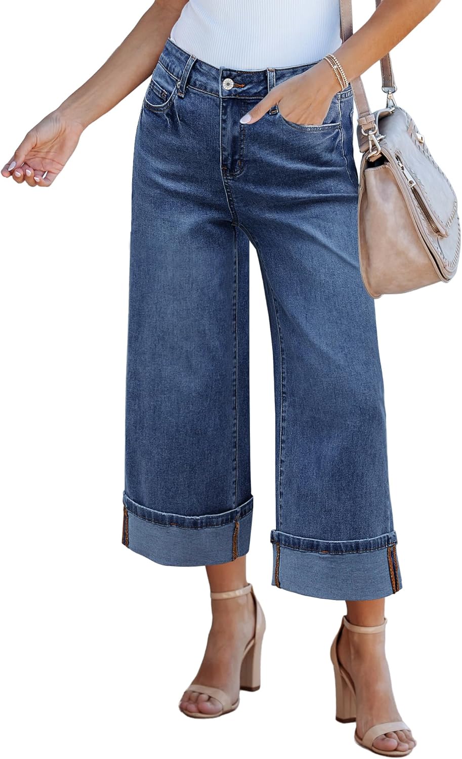 GRAPENT Wide Leg Jeans for Women High Waisted Stretchy Denim Crop Pants Fold Hem Cropped Baggy Jeans with Pockets