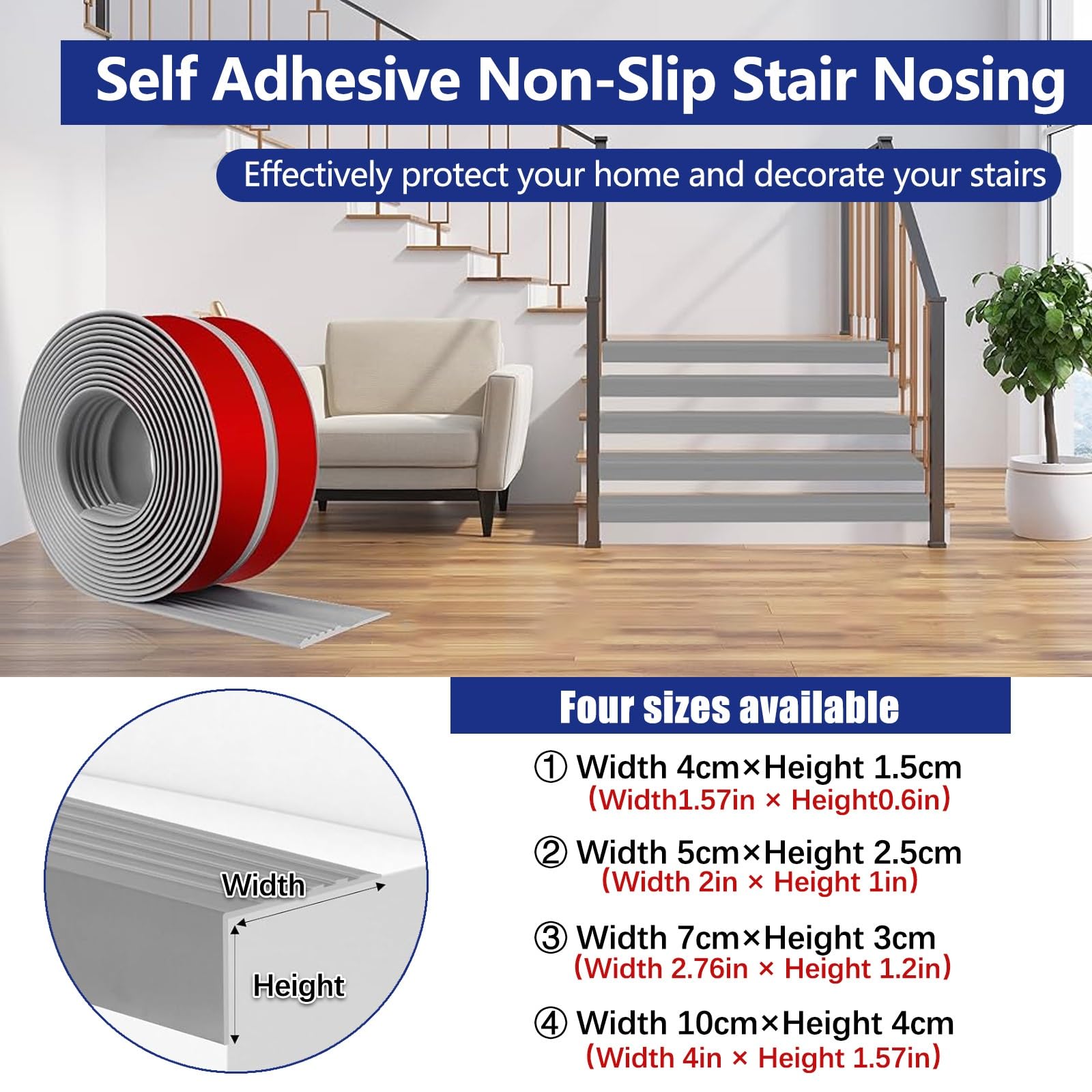 Borde De Escalera De Goma De PVC, Tira De Vinilo Autoadhesiva Antideslizante Para Escalera, Perfil De Borde De Escalera, Para Peldaños De Interior Y Exterior, Esquina De Gomma Para Cantos(Width 7cm Gr