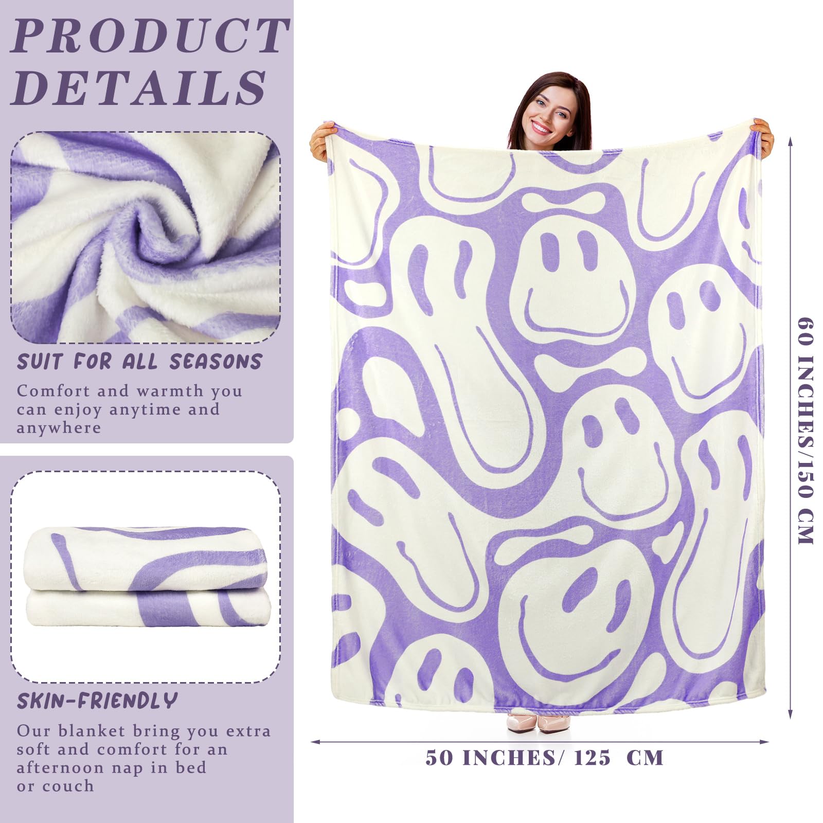 Frienda Preppy Throw Blanket Pink Smile Face Cute Flannel Soft Plush Fuzzy Bedding for Dormitory Living Room 50" x 60" (Purple Distort Smile Face) - Image 2