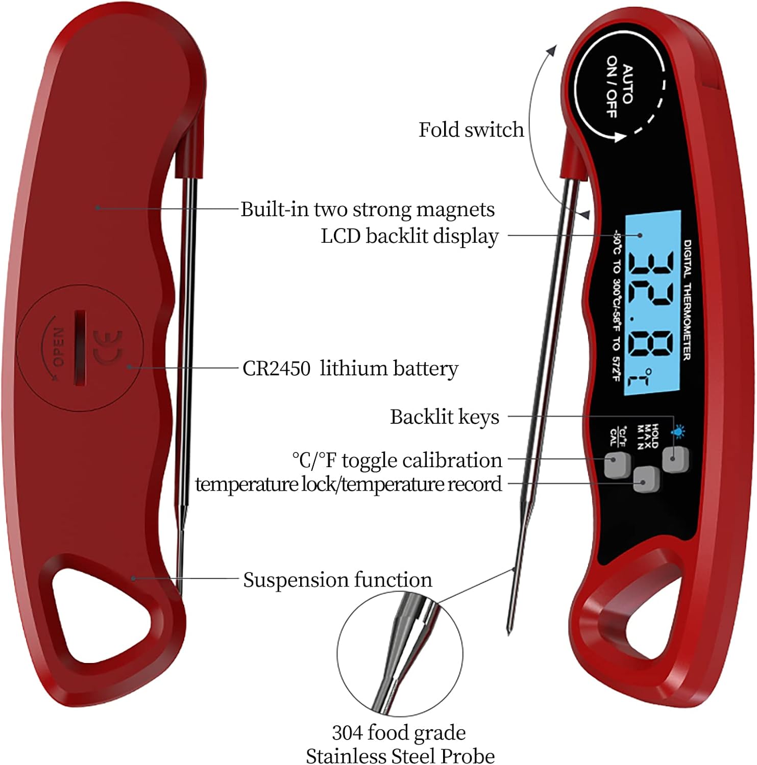 review YAHOO Meat Thermometer,Grill Thermometer,Food Thermometer,3 Seconds Instant Read,for Kitchen,Cooking, Baking, Liquids, Candy, Grilling ,BBQ