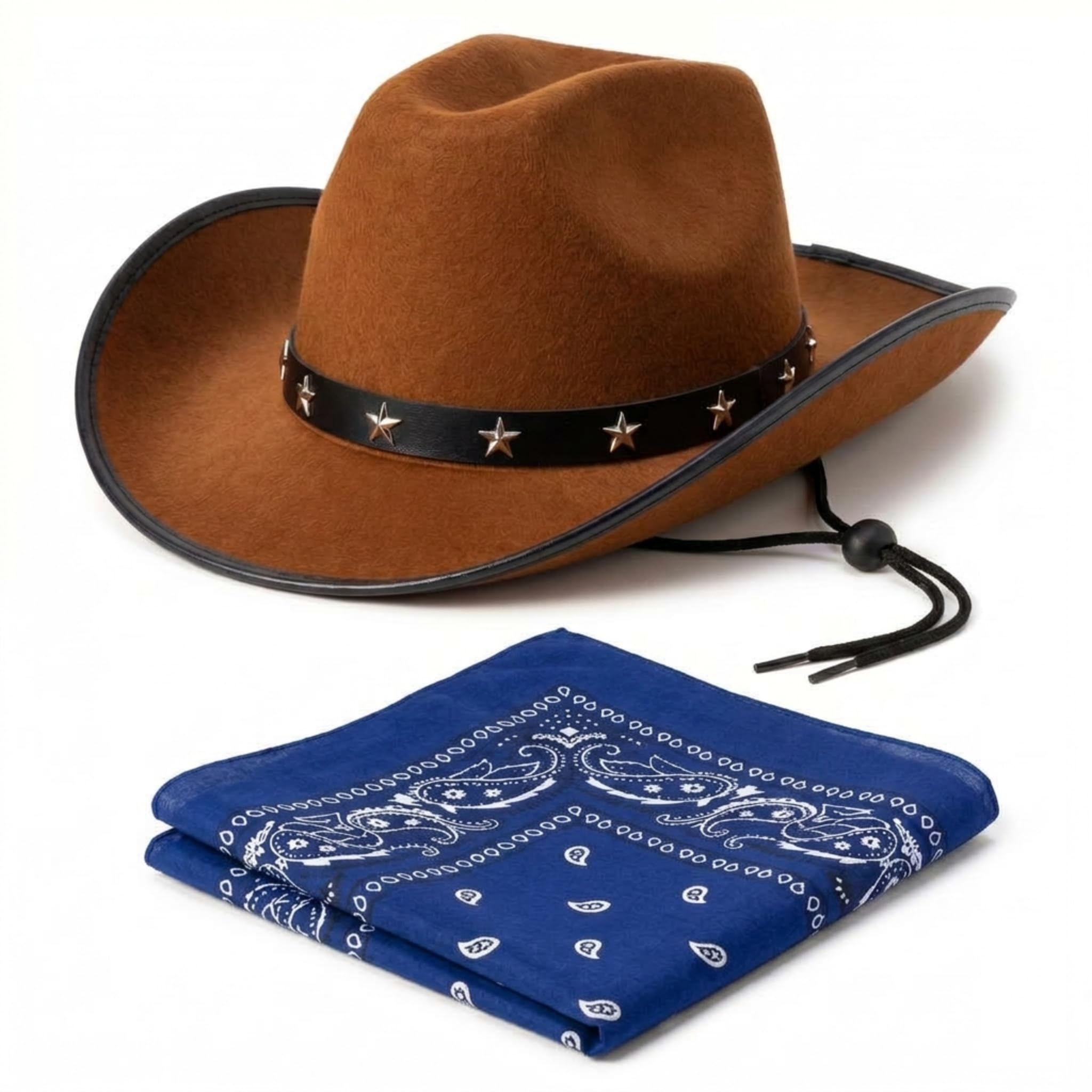 Star Studded Brown Cowboy Hat and Bandana Set - Adult Cow Boy Hat with Cowboy Neckerchief for Cow Boy Outfit Men and Women Wild West Fancy Dress Costume or Country and Western Fancy Dress (Blue)