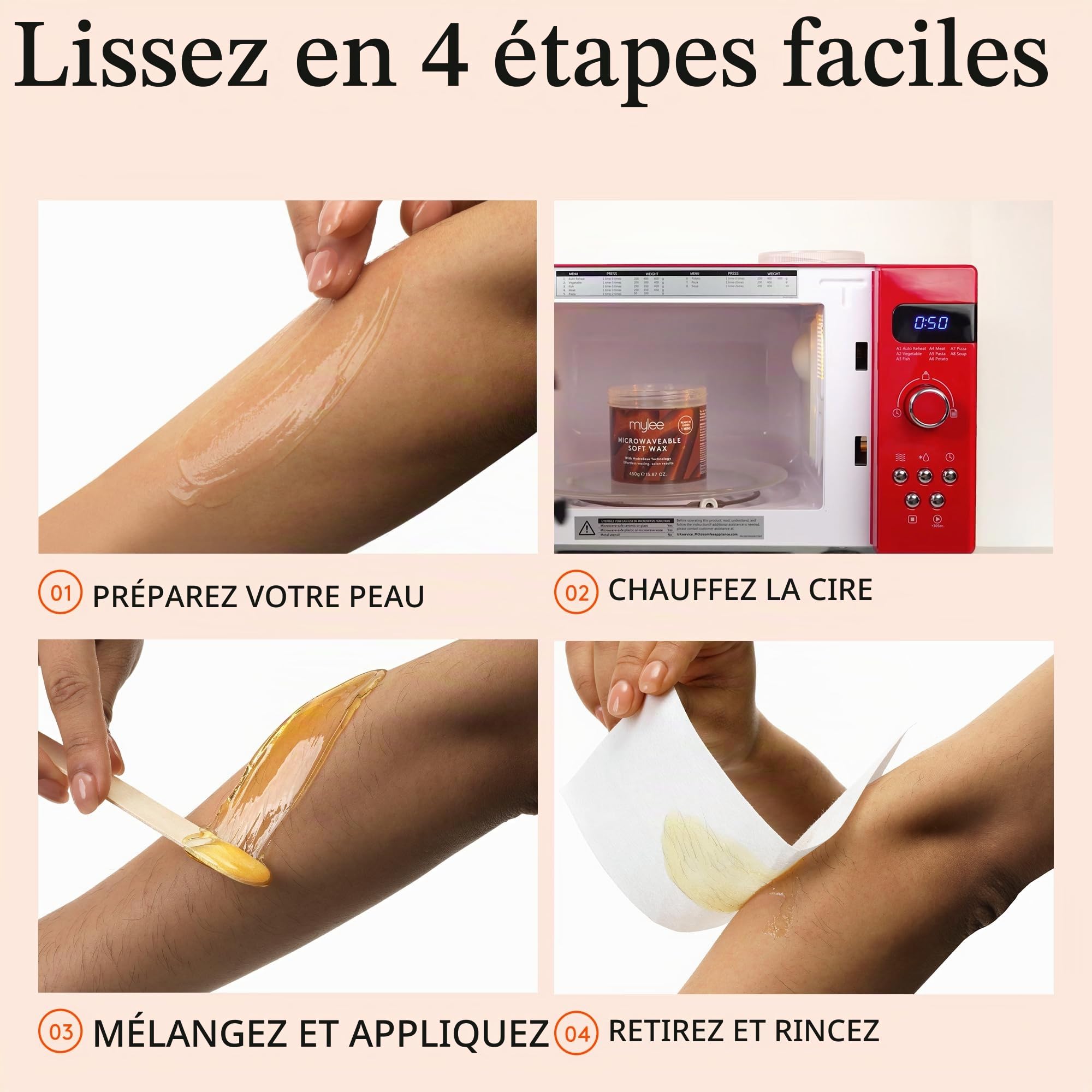 Mylee Kit de cire molle microondable 450g – Épilation visage et corps | végane, rinçable à l'eau, sans résidus – Chauffage rapide, spatule thermosensible, 12 bandes incluses – Qualité pro