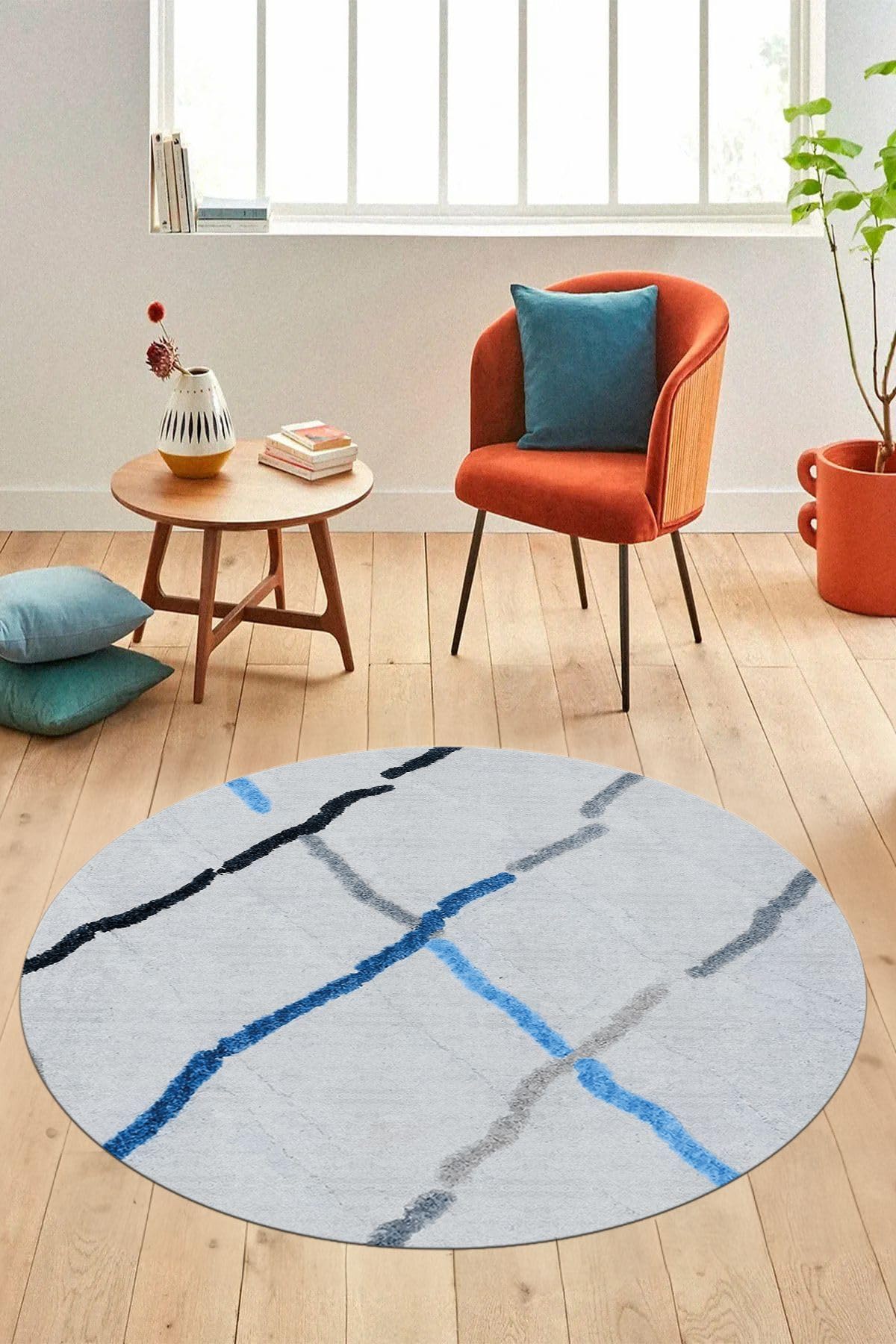 Evdeya Şık Sade Modern Desenli Dijital Kaymaz Taban Yıkanabilir Yuvarlak Mutfak Salon Halısı Y-MODERN-73, Mavi, 100 x 100