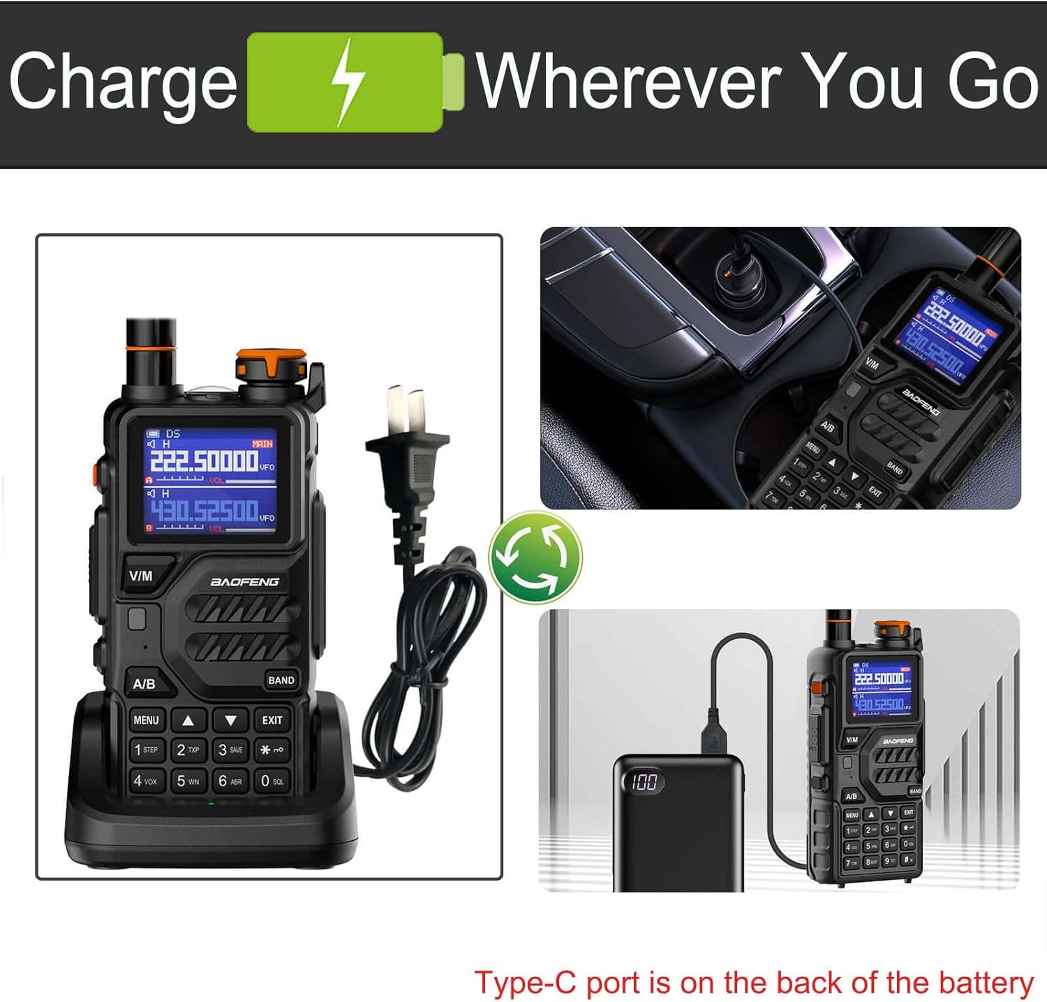 BAOFENG K5 Plus charging methods: via charging stand and via USB-C port on the battery.