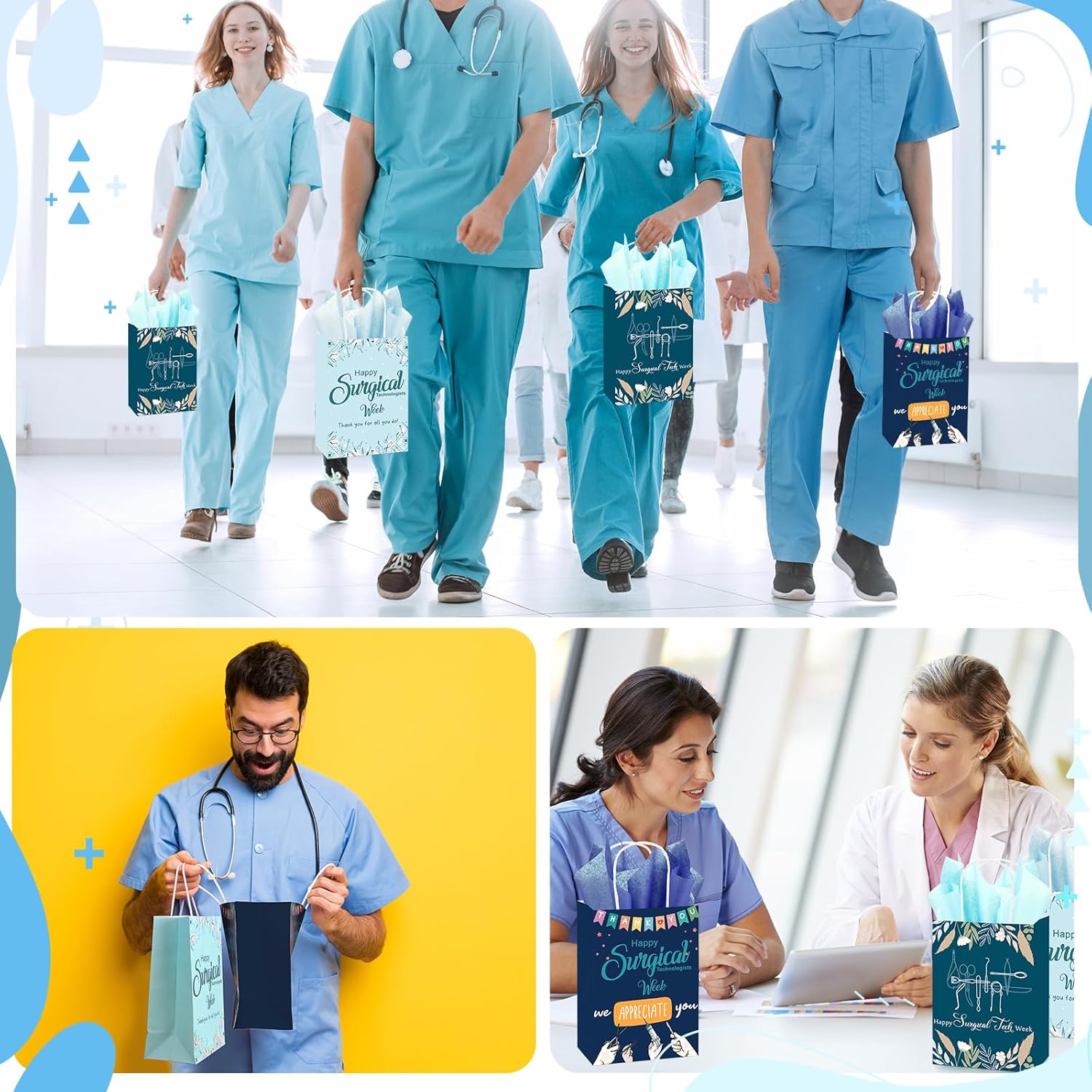 Sinload 48 Pack Surgical Tech Gift Bags Bulk with Tissue Paper Surgical Technologists Week Thank You Paper Gift Bags for CST Surgeon Doctor Nurse Team Medical Assistant, 8.27" x 5.91" x 3.15"