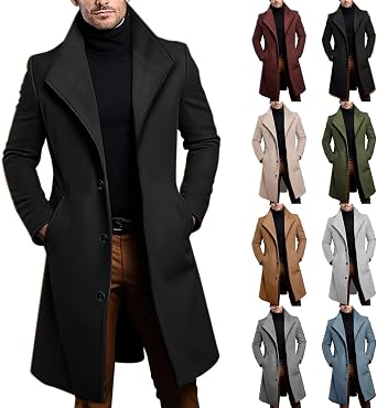 Mens Trench Coat Fall Winter Long Single Breasted Peacoat Big and Tall Casual Warm Soft Lightweight Jacket Clothes
