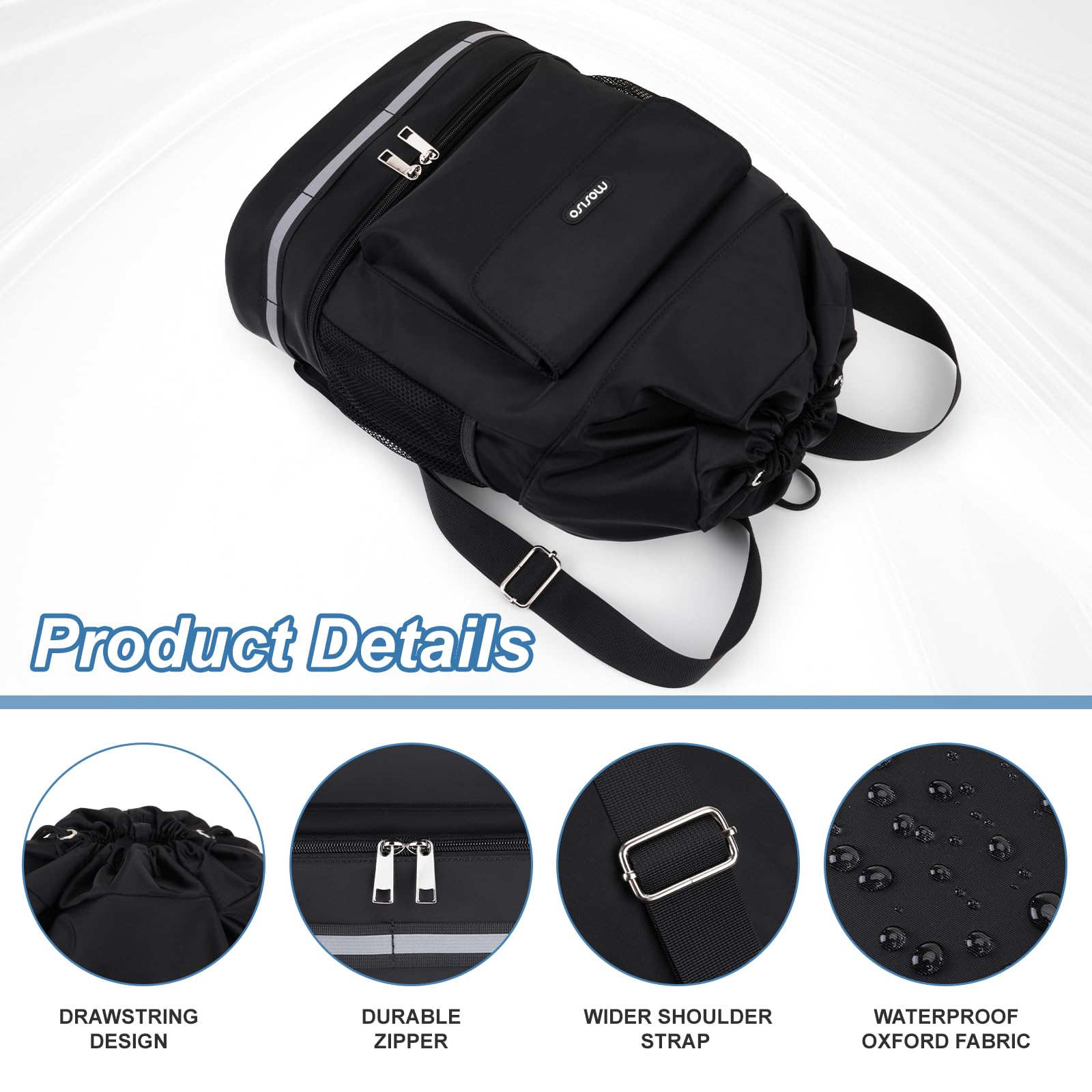 MOSISO Bolsa de Gimnasio para Mujerr y Hombre, Mochila Deportiva con Cordón con Compartimento para Zapatos&Bolsillo Frontal, Bolsa Viaje para Fitness para Viajes Deportes Yoga, Negro