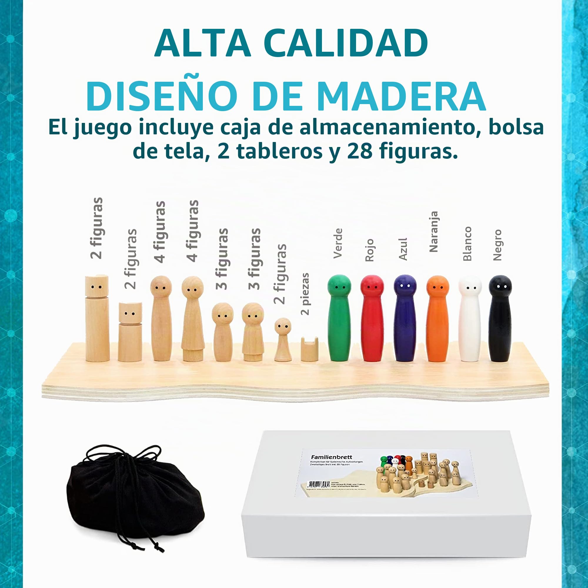 Purovi Joy Juego de Mesa - Set de 28 Muñecos Pequeños de Madera para Juegos en Familia - Juego Educativo para Entrenamiento y Terapia Familiar