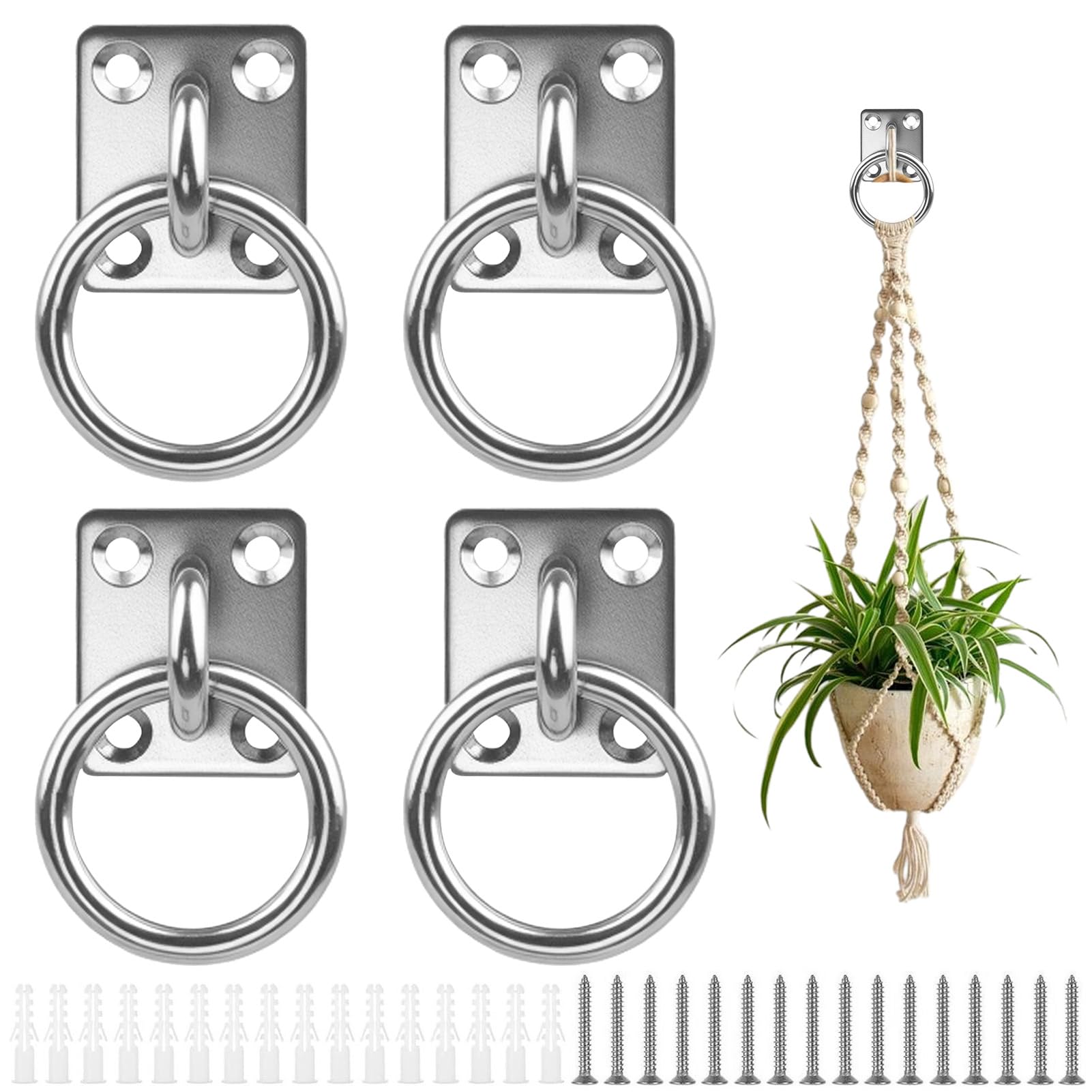 4PCS Heavy Duty Galvanised Tie Ring on Plate, 30mm x 35mm Horse Hay Net Stable Ring Hook for Horses, Ponies, Dogs, Pad Eye Plate with Fixings for Stables, Tack Rooms and Outdoor Use