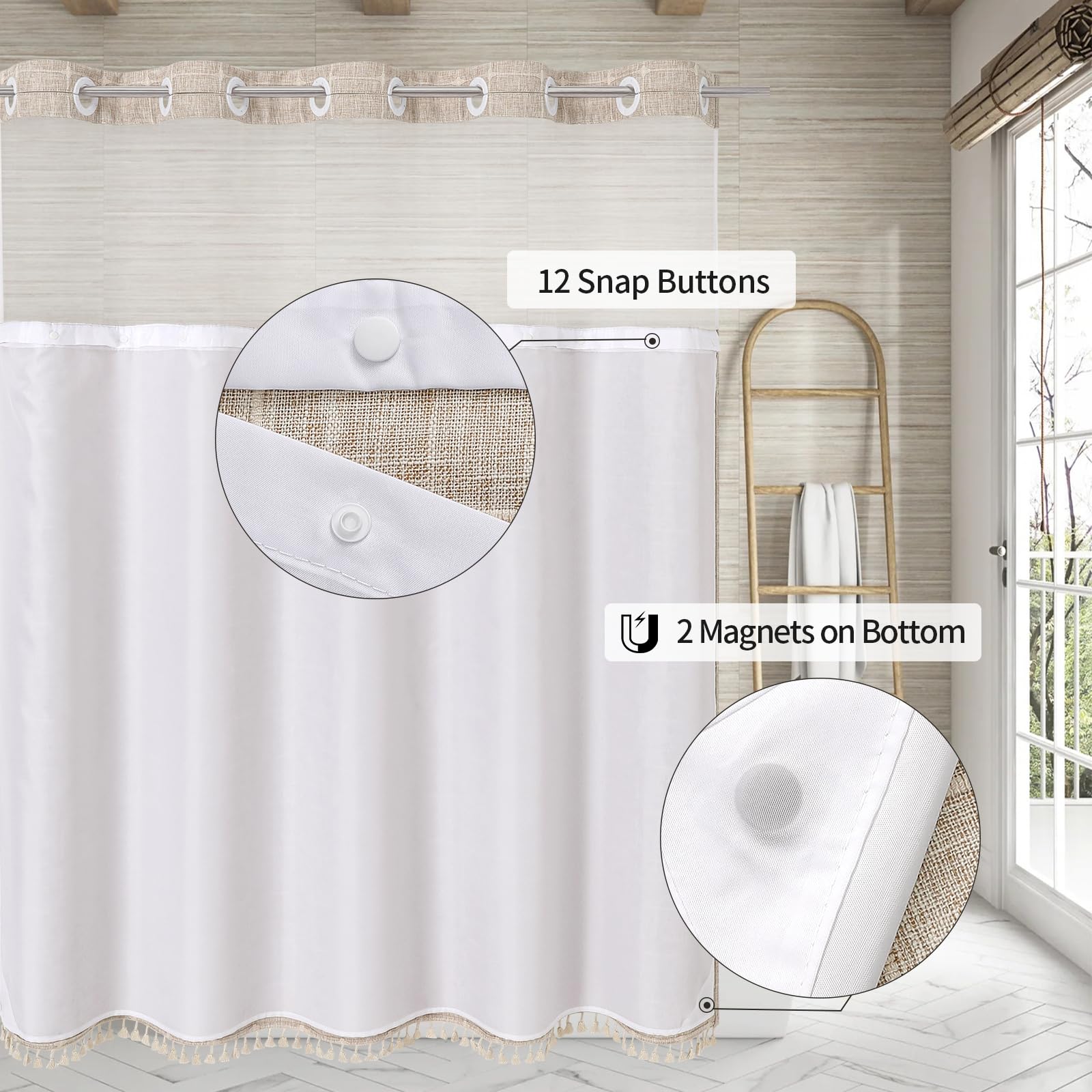 MitoVilla Tenda da doccia con fodera a scatto senza ganci, con finestra e magneti, tende da doccia in tessuto di cotone e lino bohémien con nappe, per arredamento rustico del bagno, marrone chiaro