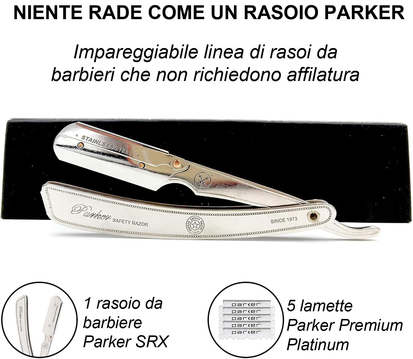 Parker SRX rasoio professionale per barbieri 100% in acciaio inox e 5 mezze lame Parker Premium